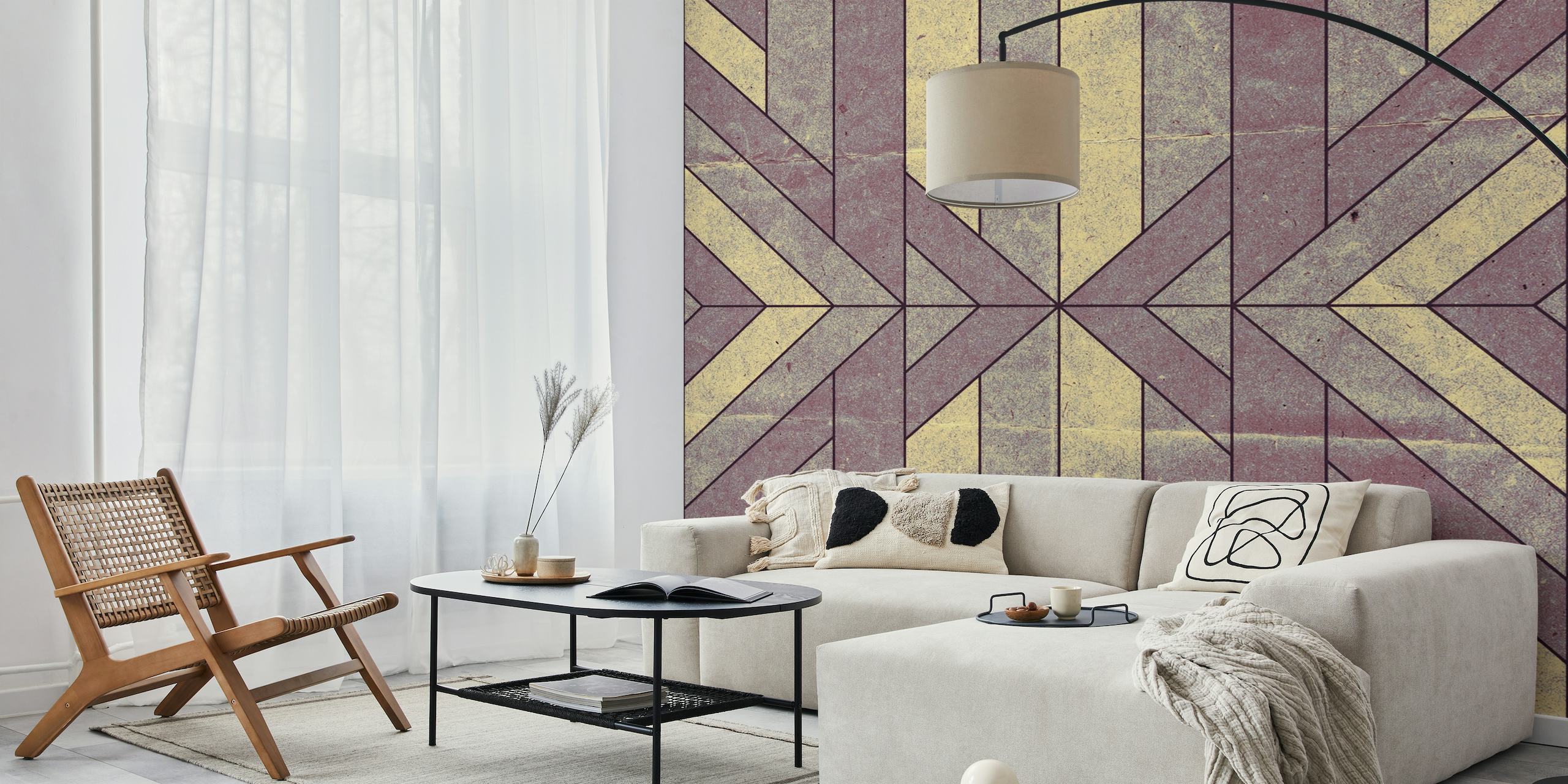 Oud papier geometrische paarse muurschildering met vintage charme en een modern geometrisch patroon