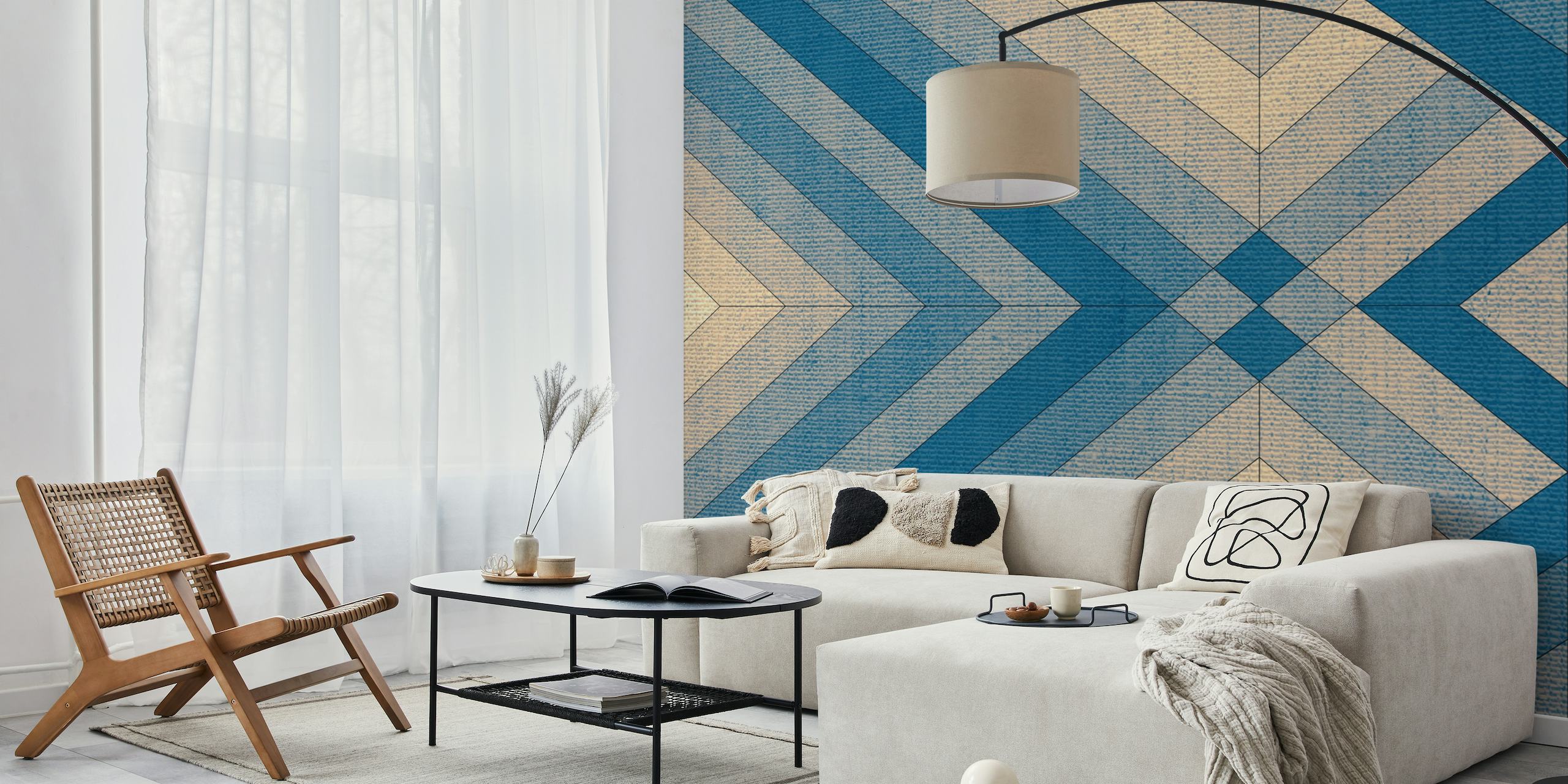 Mural de parede com padrão geométrico e textura semelhante a tecido em tons de azul e bege