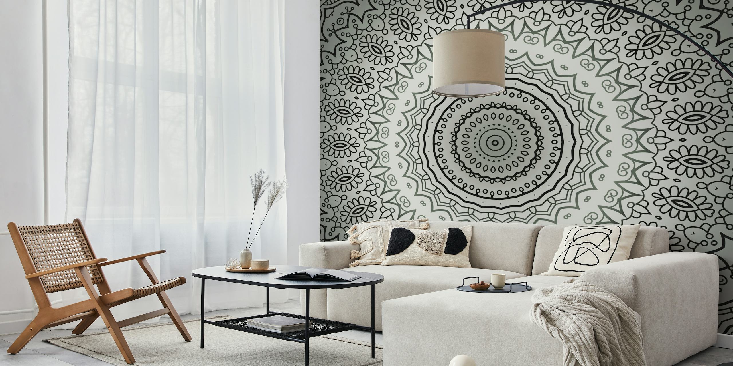 Tyylikäs harmaasävyinen mandala-seinämaalaus monimutkaisilla kuvioilla