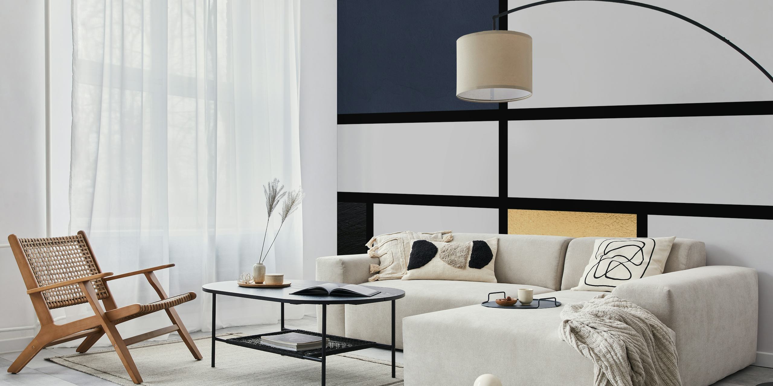 Geometrisches Wandbild mit nachtblauen, sanften Grau- und Goldakzenten in minimalistischem Design