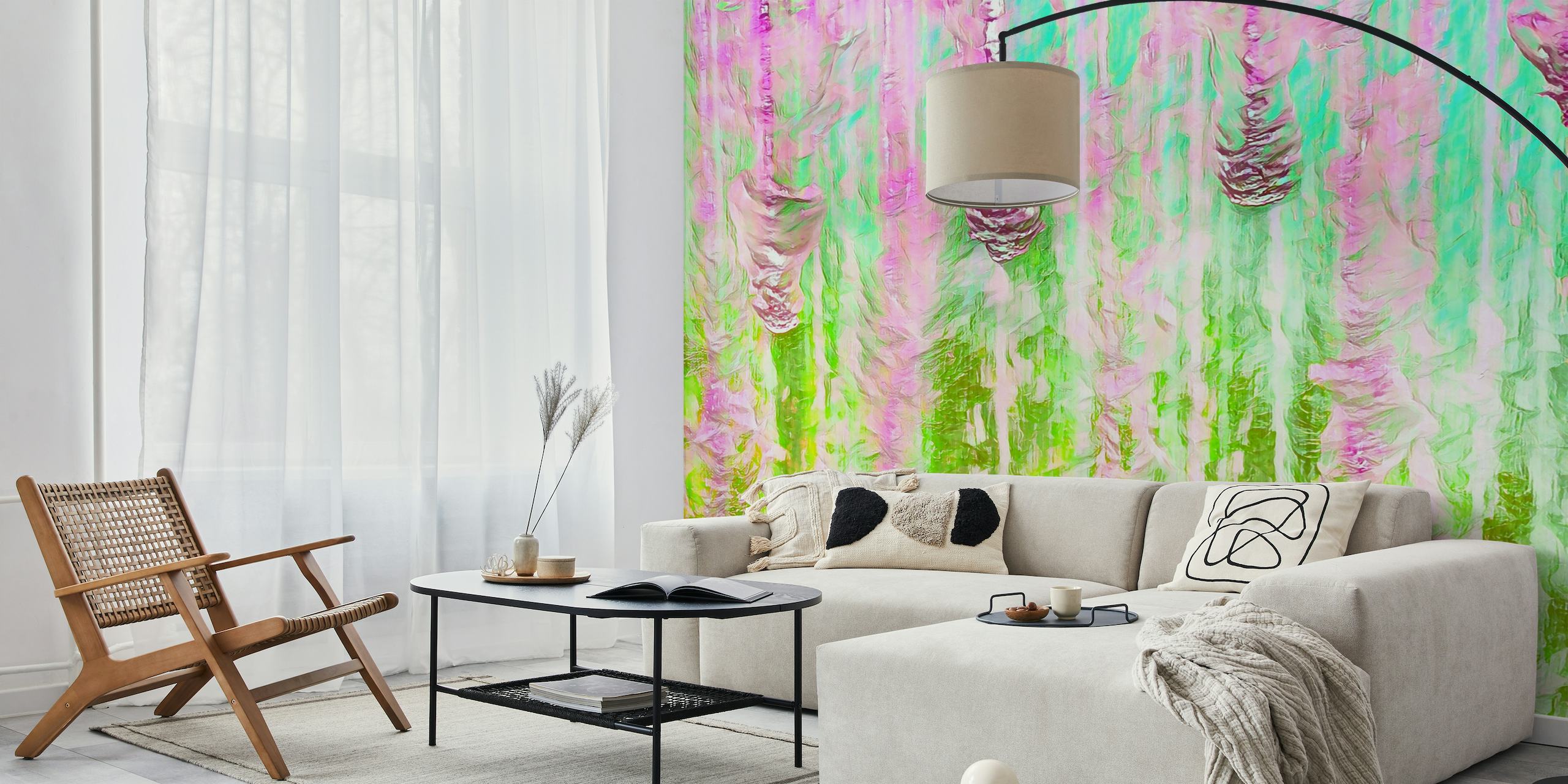 Barevná abstraktní nástěnná malba Happy Liquid Paint Flow se zářivými růžovými a zelenými barvami vytvářející efekt tekoucího akvarelu.