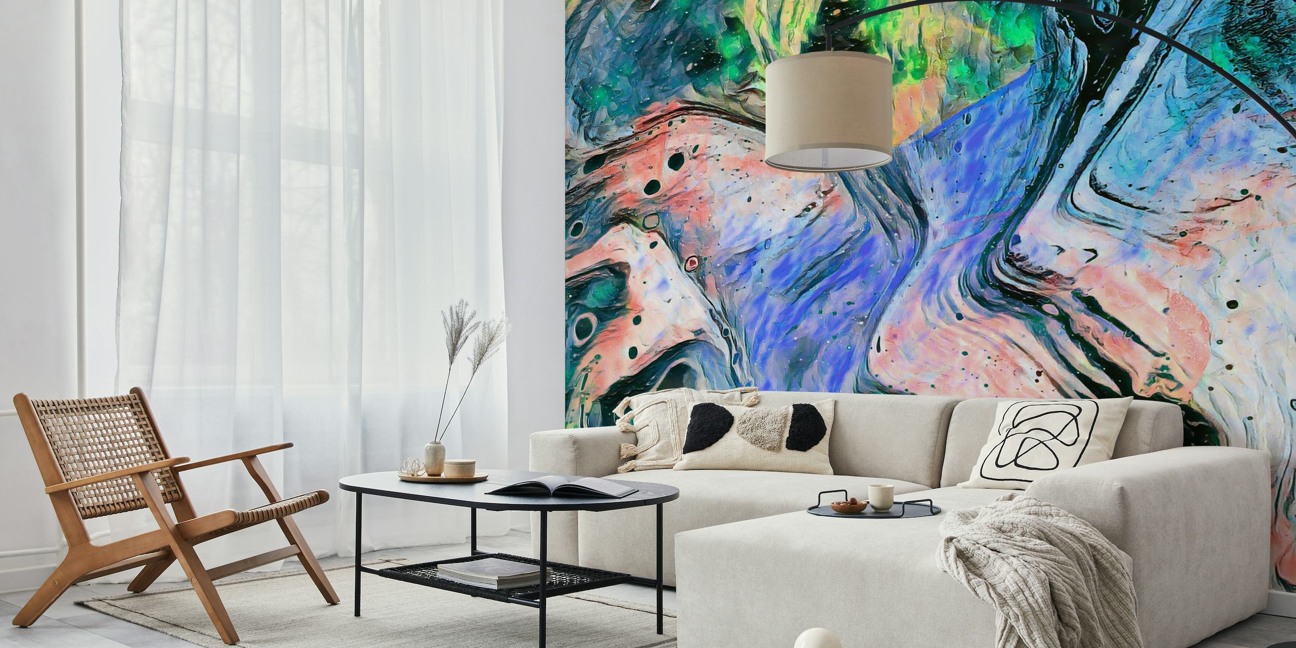 Abstract wall mural with swirling blue, green, orange, and black patterns resembling a vibrant jungle scene.
