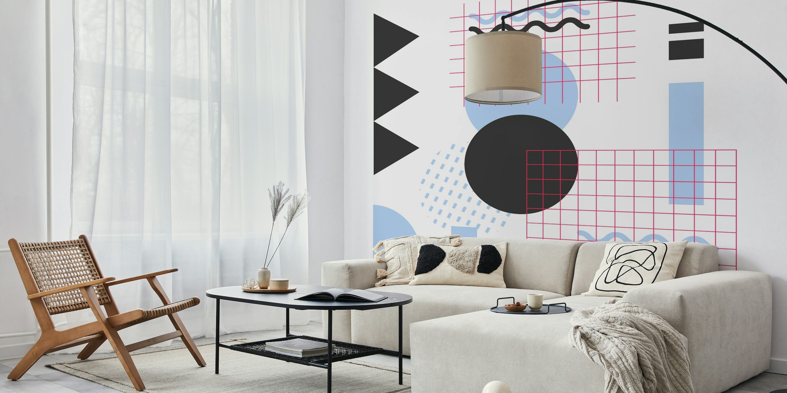 Abstract geometric wall mural featuring blue and monochrome shapes on Happywall