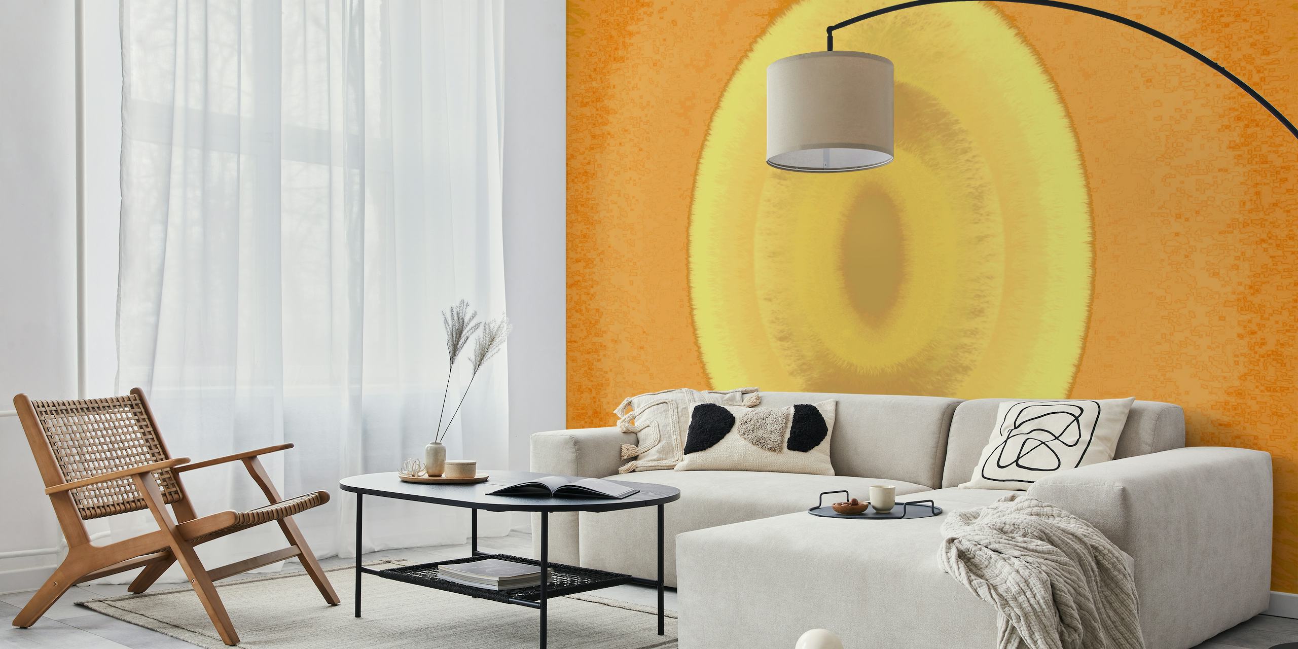 Abstract geel en oranje gradiënt fotobehang met een centraal oogachtig ontwerp