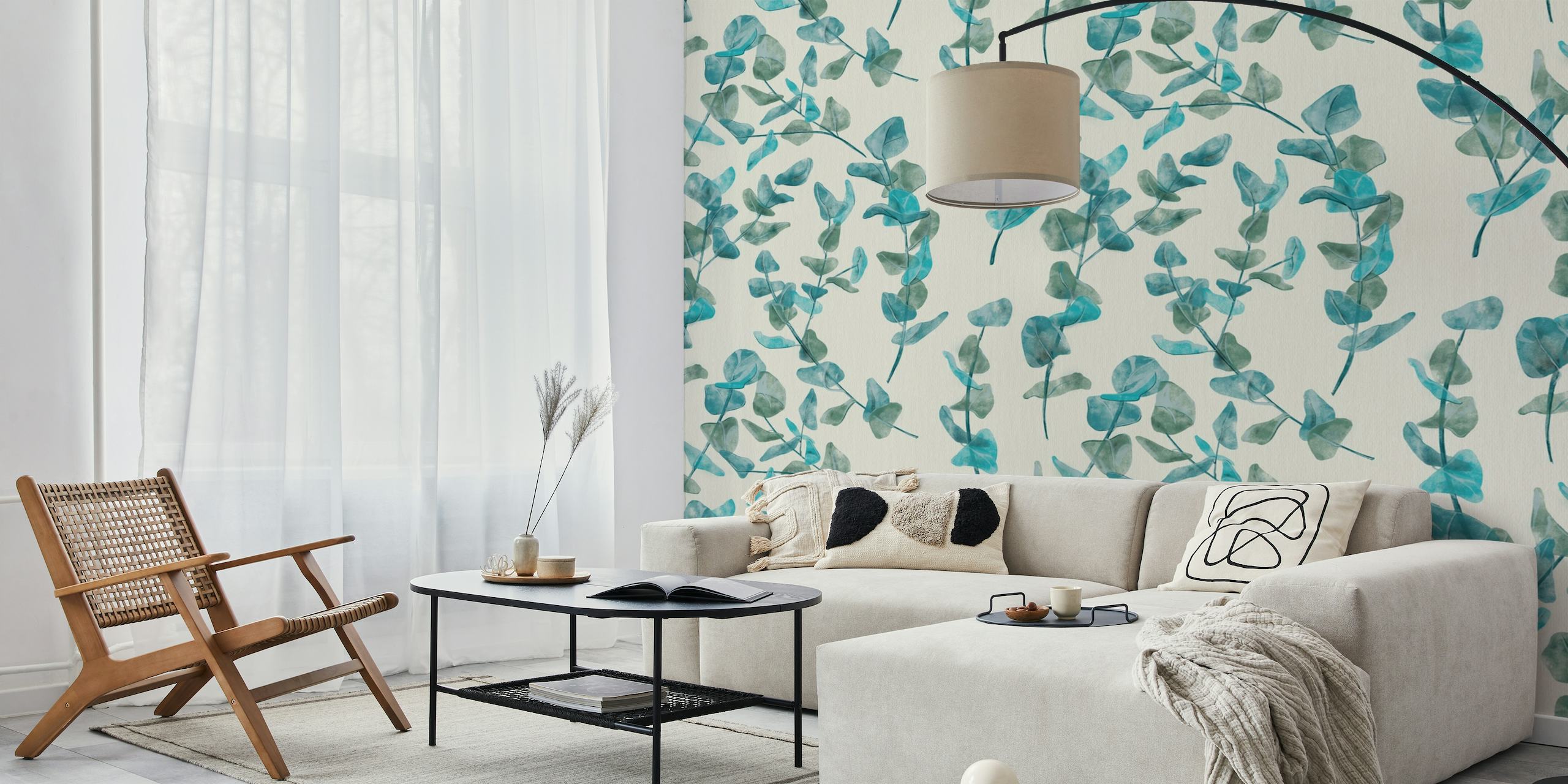 Eukalyptusvarsien seinätapetti, joka esittää sinisiä eukalyptuksen lehtiä valkoista taustaa vasten