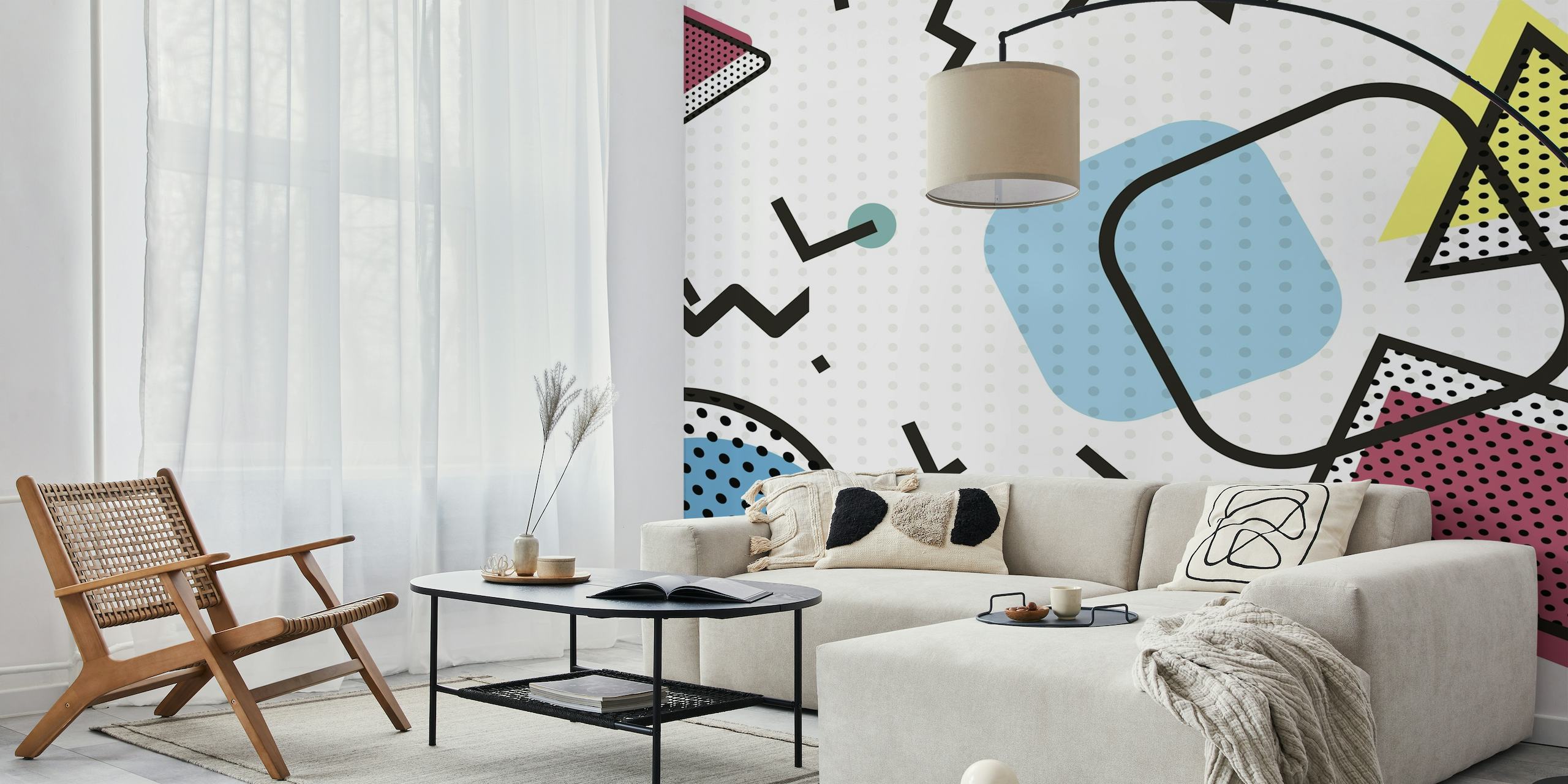Formas geométricas abstractas en un mural de estilo pop-art con colores llamativos y diseños vintage.