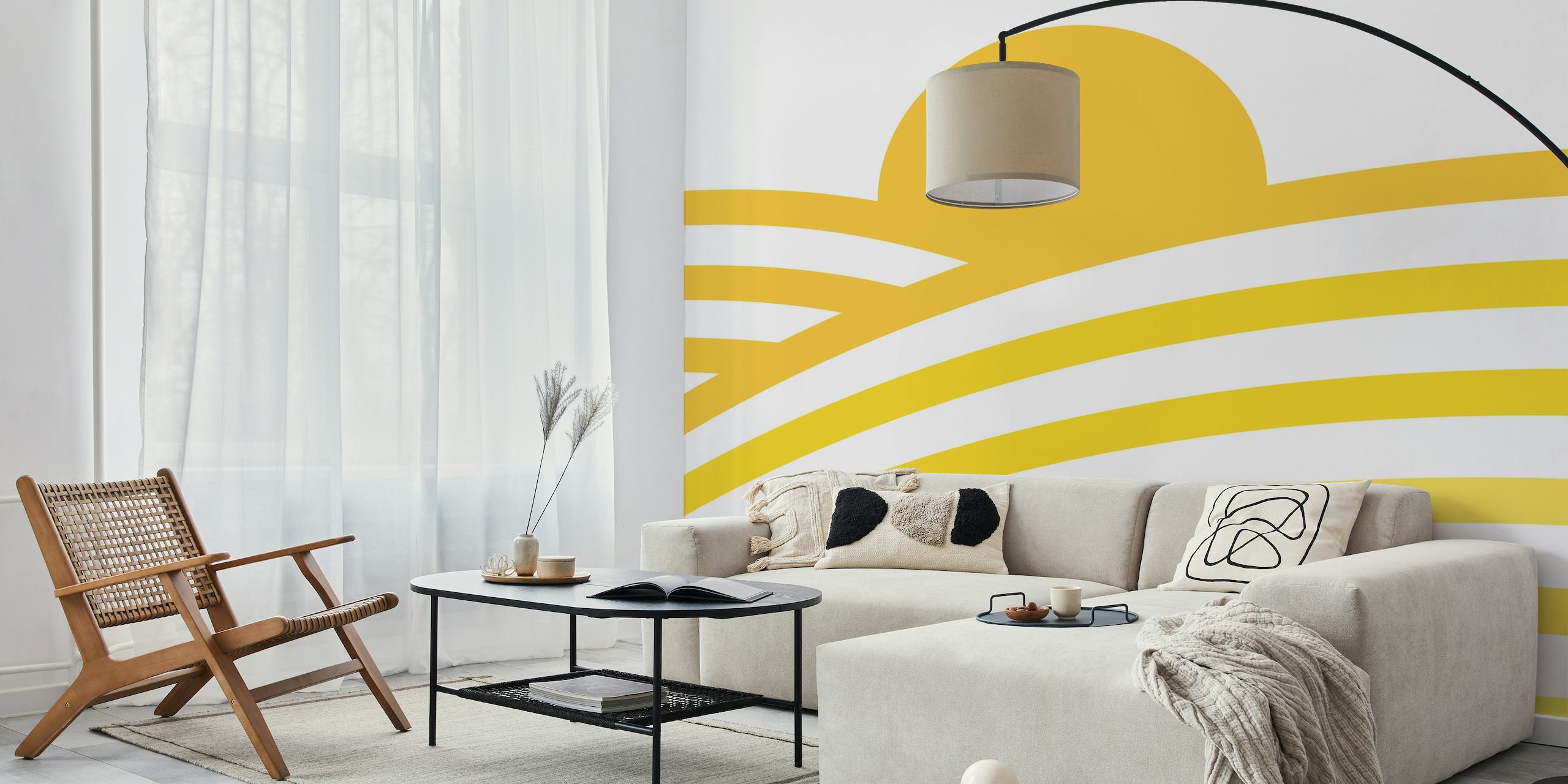 Kultainen vehnäpellon seinämaalaus, jossa aurinkokuvio