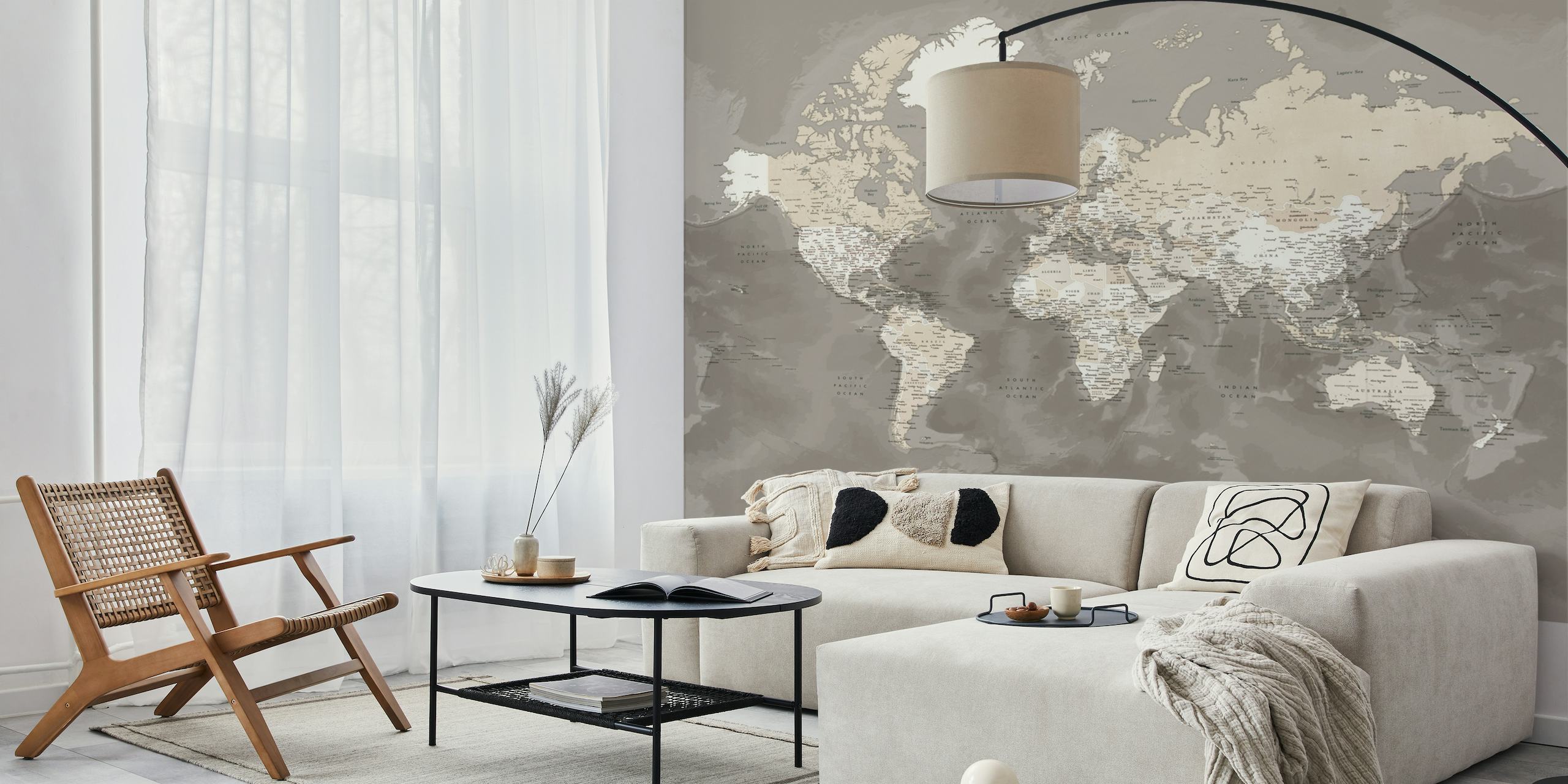 Etelämanner-keskeinen maailmankartan seinämaalaus maanläheisillä sävyillä