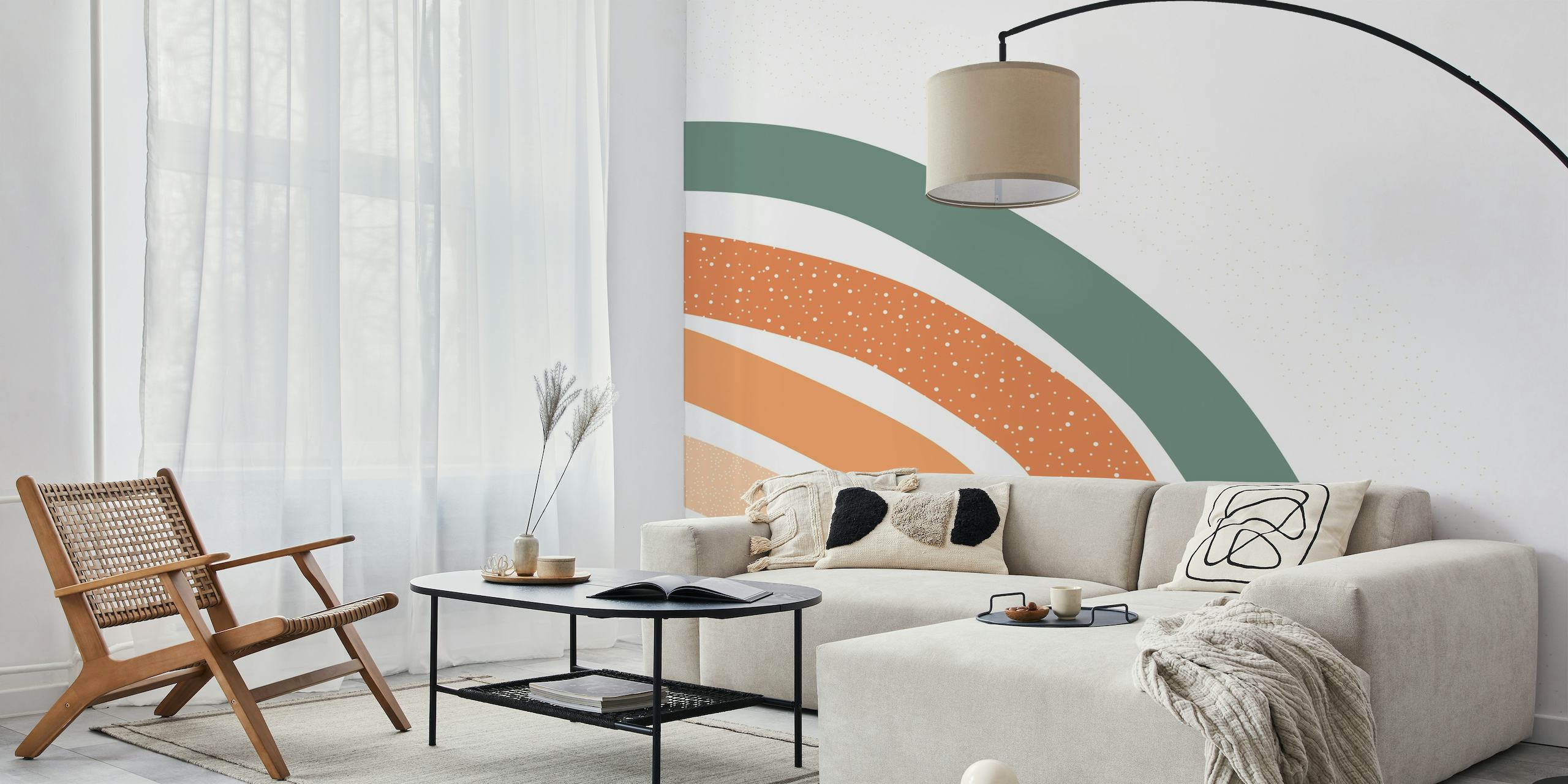 Abstract wall mural with arches in blush, terracotta, and teal with a textured speckle detail