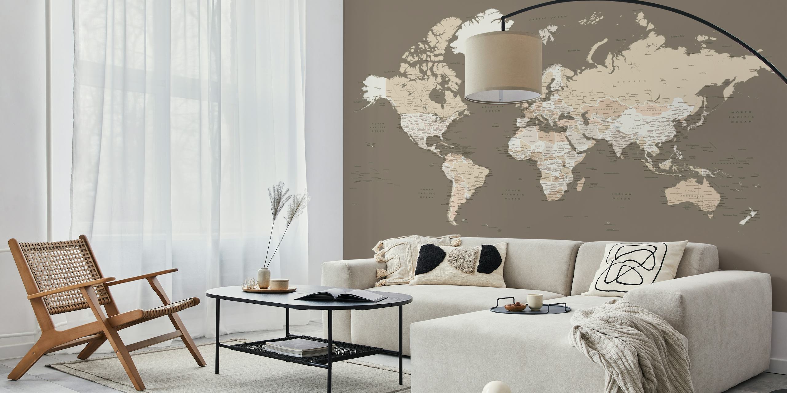 Antique-style world map wall mural in warm earth tones with a focus on Antarctica