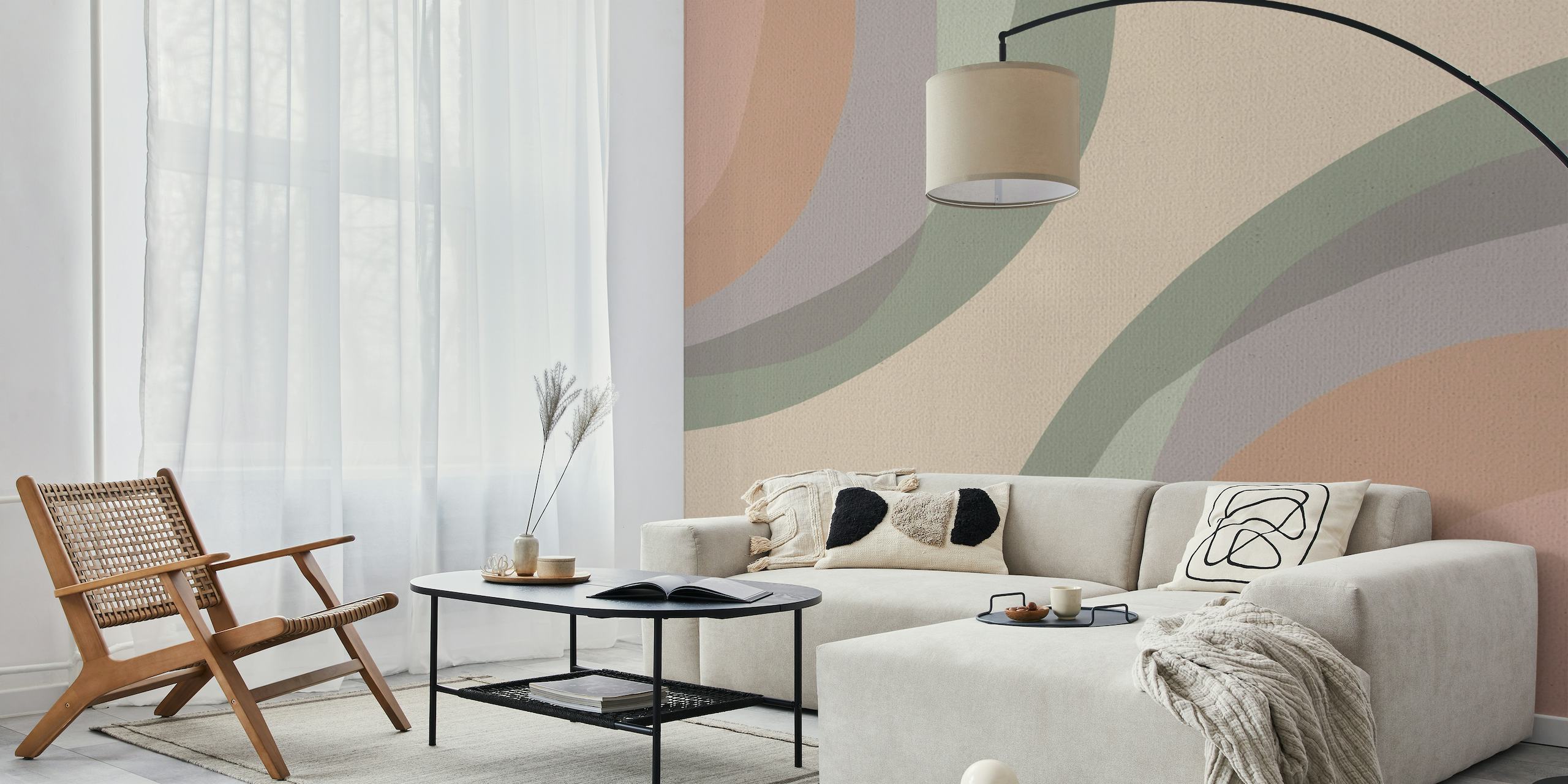 Abstract pastel rainbows mural with soft arcs in a minimalist design