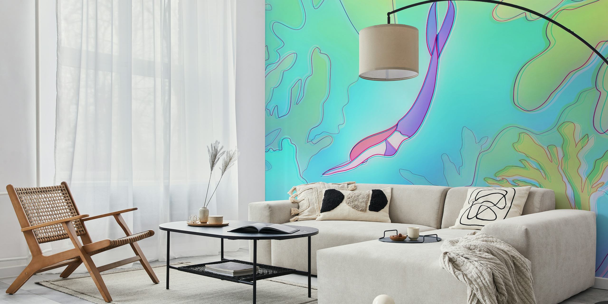 Havainnollistava seinämaalaus sukeltajasta värikkäässä vedenalaisessa ympäristössä
