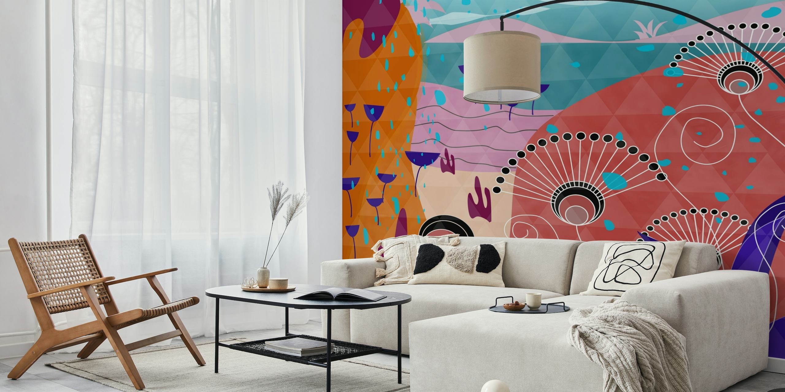 Stylized exotic landscape wall mural with abstract nature motifs in vibrant colors