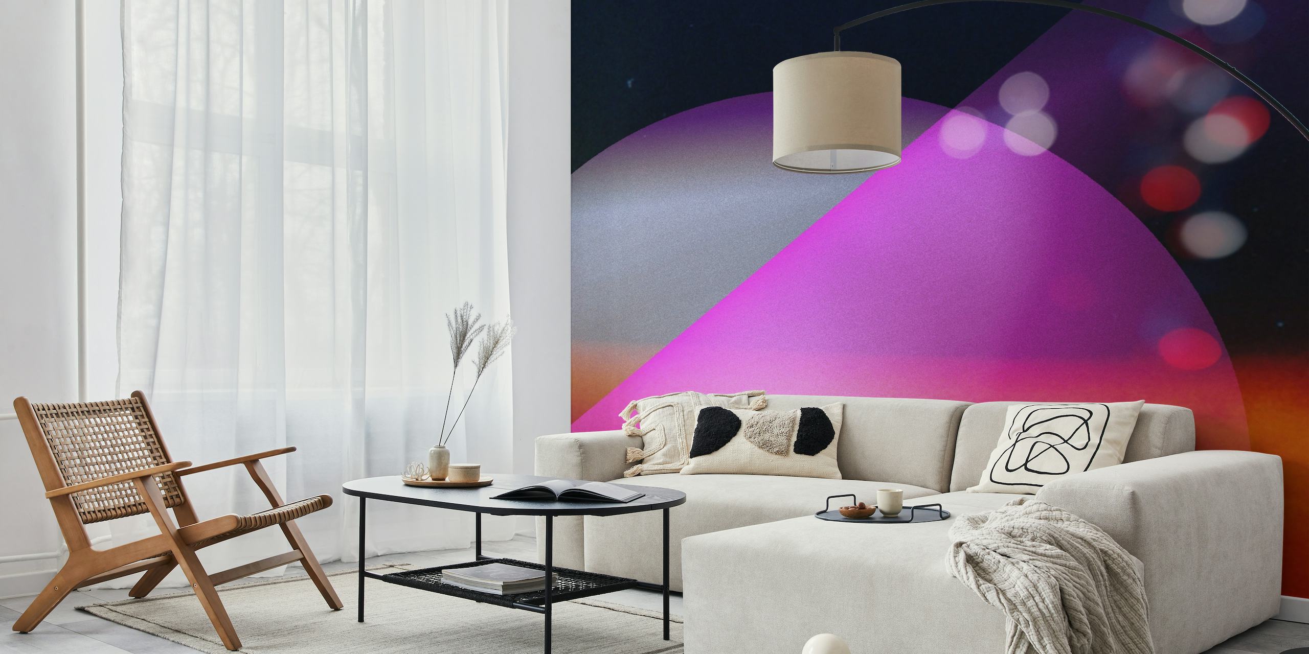 Mural de parede cósmico abstrato com roxos, azuis e rosa vibrantes que lembram um universo distante
