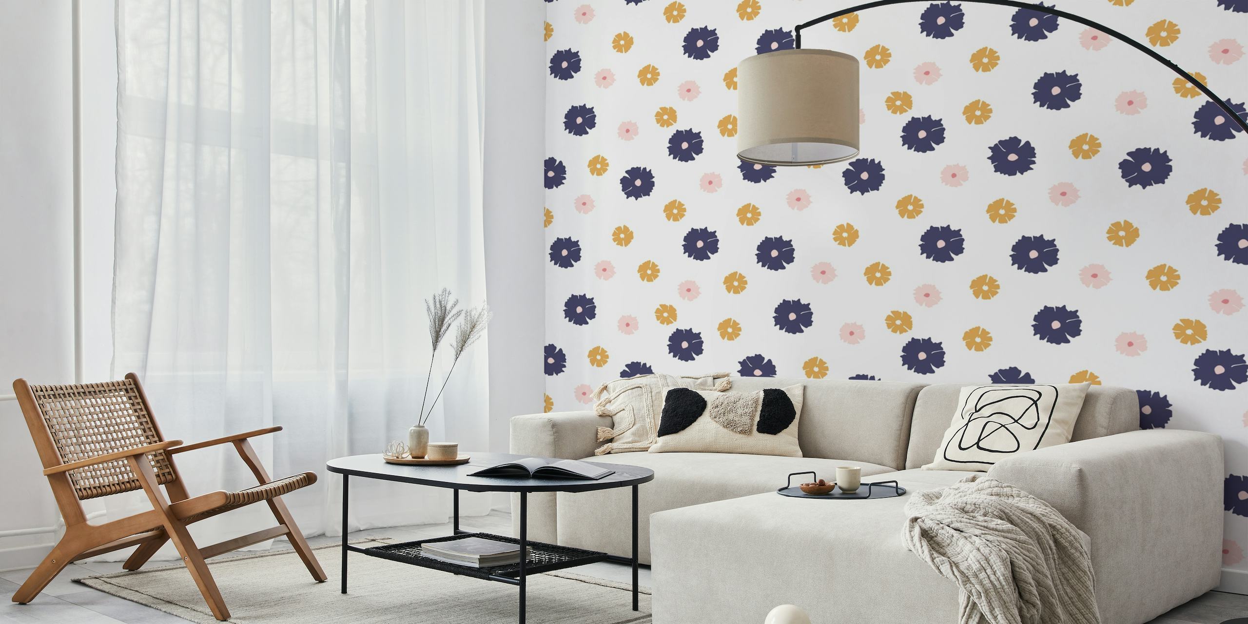 Floral pattern wall mural with blue and yellow flowers for home decor