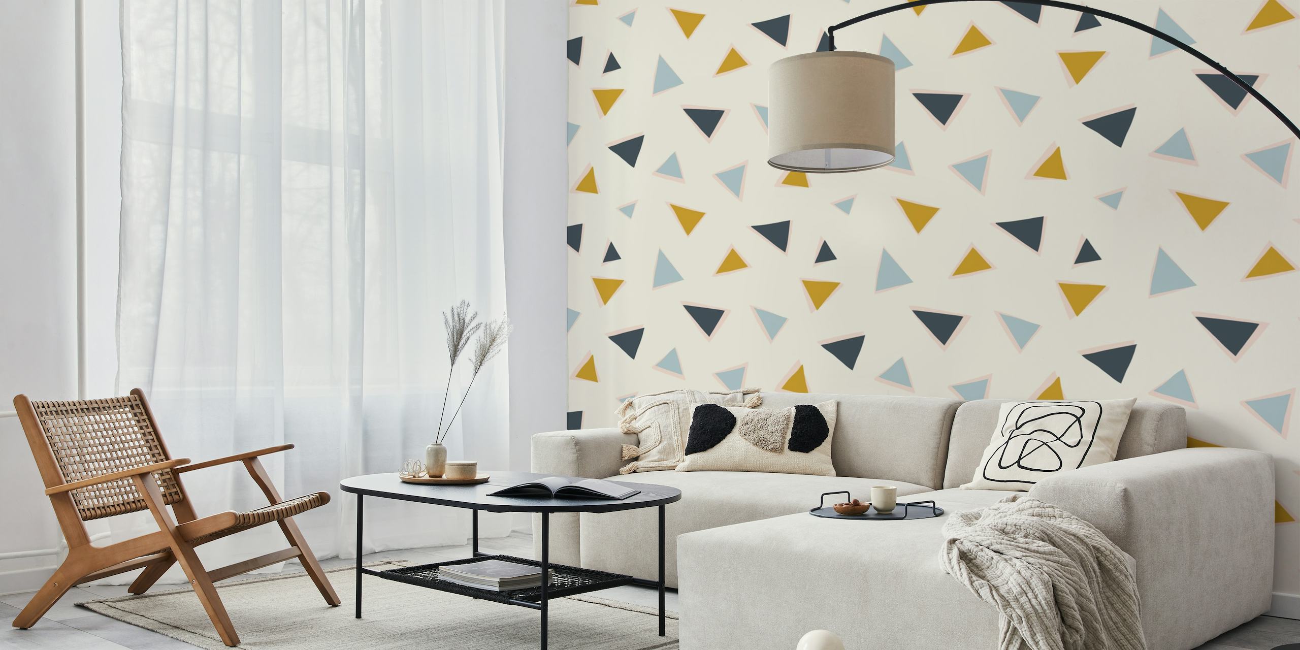Geometric triangle pattern wall mural in gold, navy, and ivory