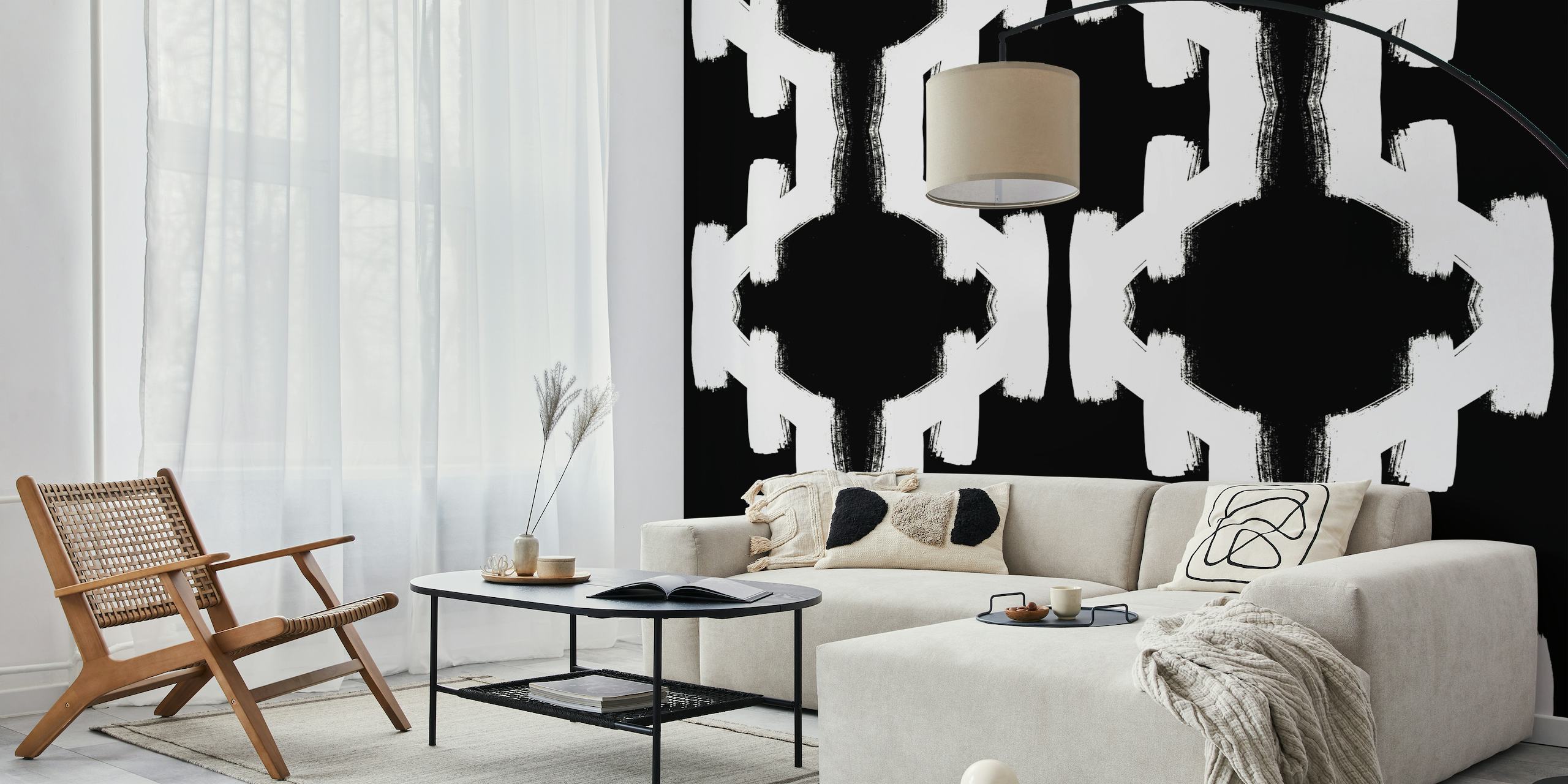 Fotomural vinílico de parede com padrão geométrico abstrato preto e branco para design de interiores contemporâneo