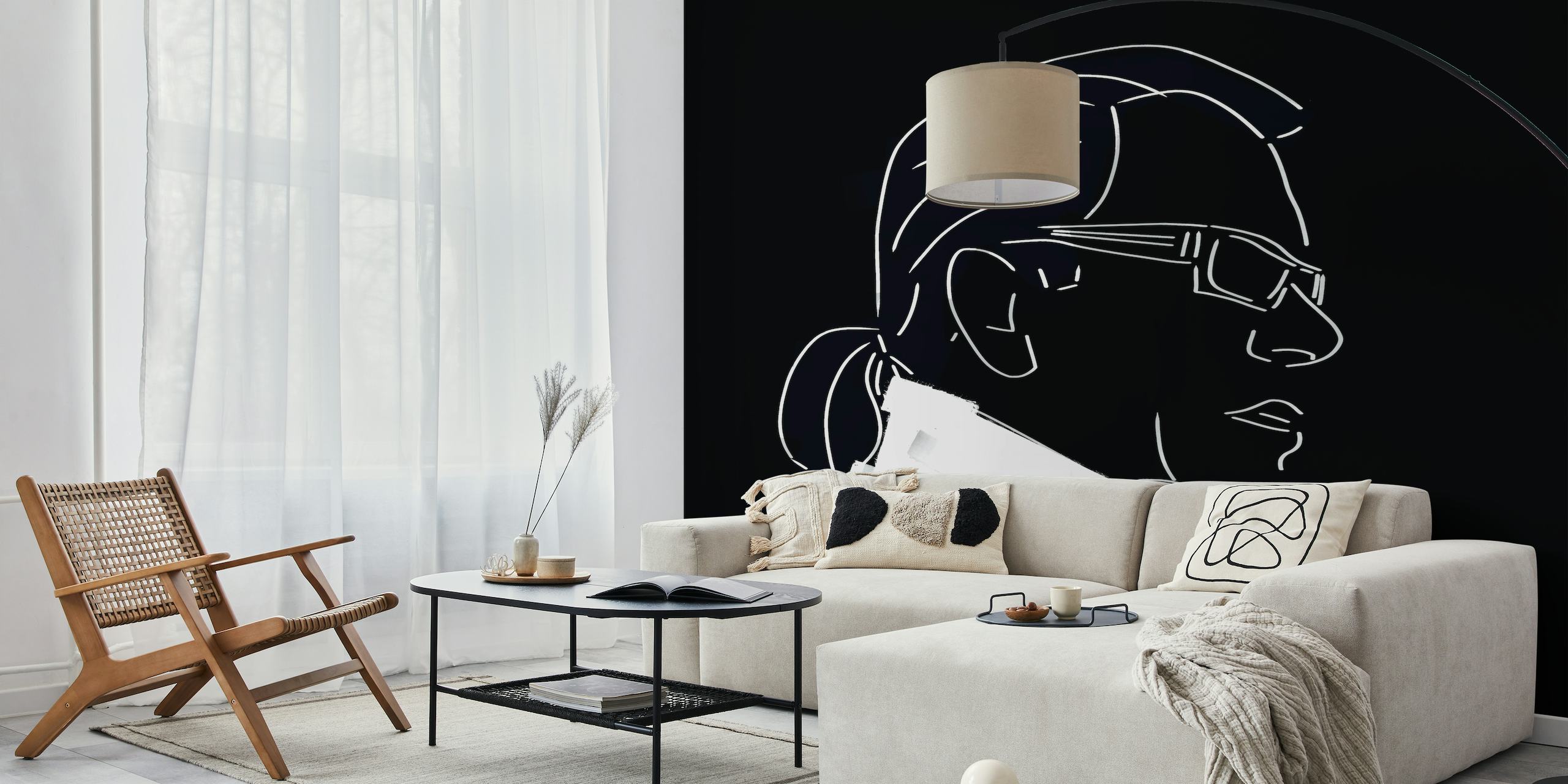 Murale minimalista con silhouette monocromatica intitolato "Omaggio a Karl"