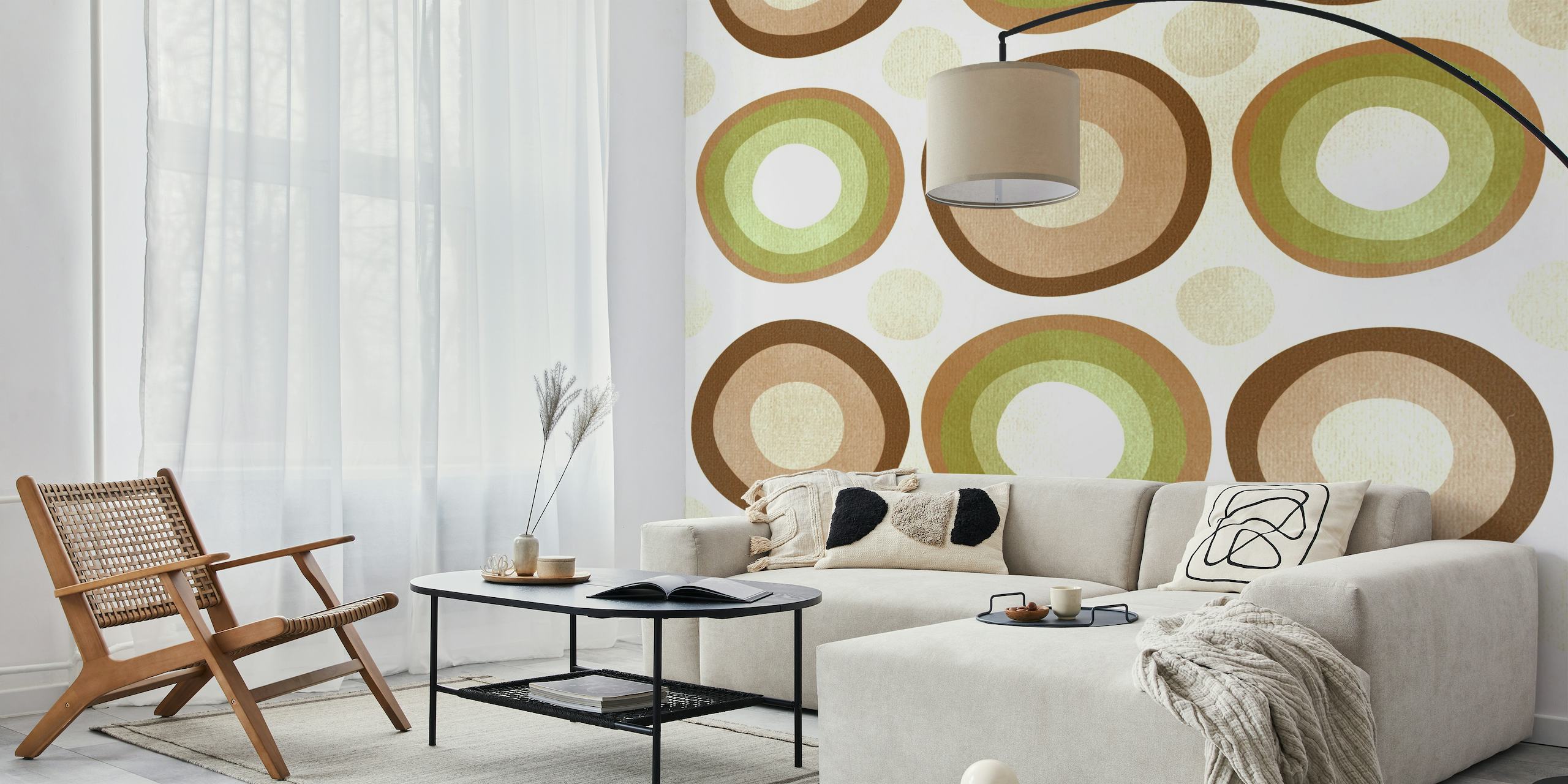 Happy Midcentury Modern Geo vægmaleri med geometriske cirkler i dæmpede brune og grønne farver