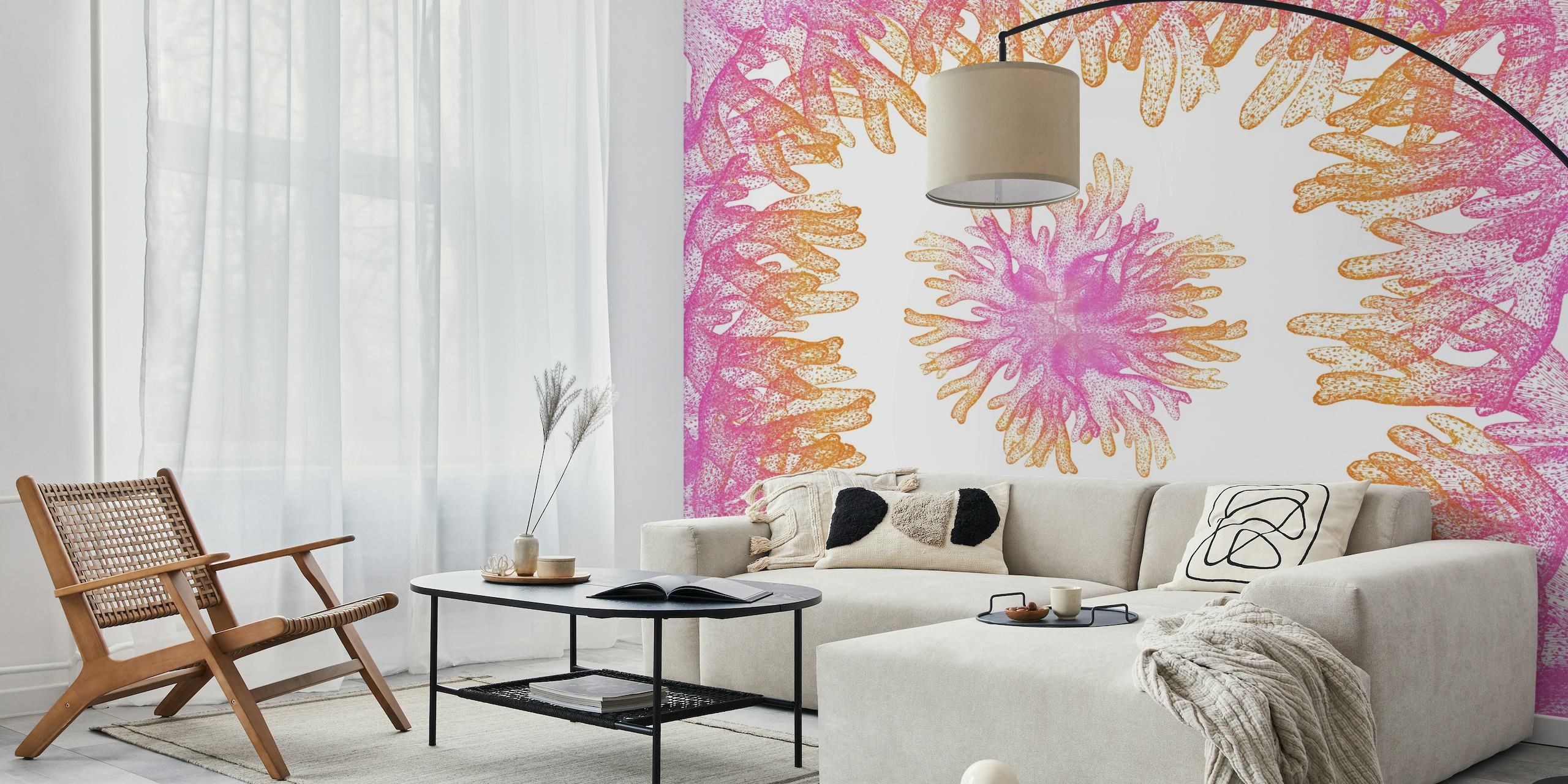 Elegant pink and gold coral reef wall mural design