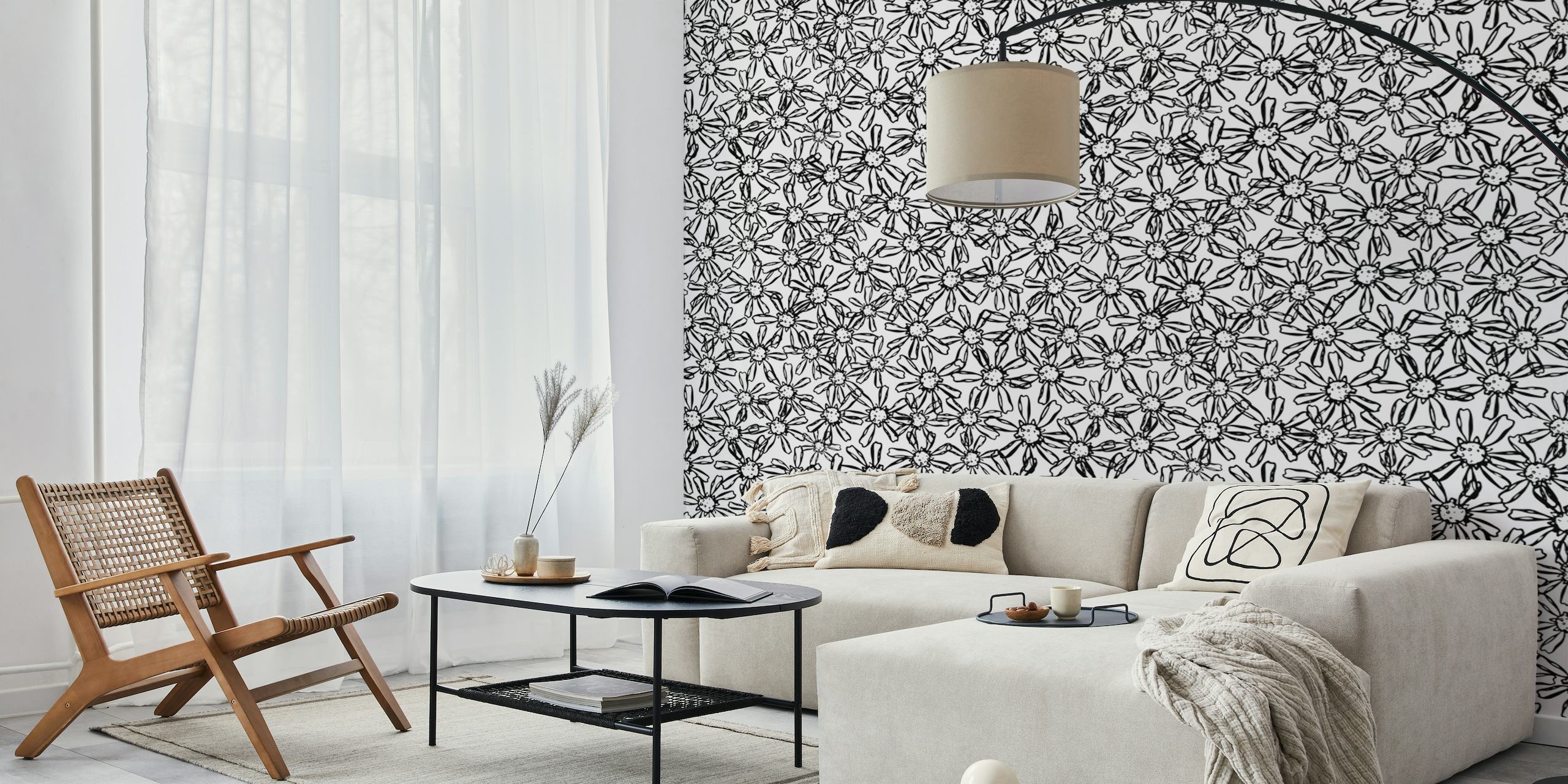 Black and white floral lace pattern wall mural