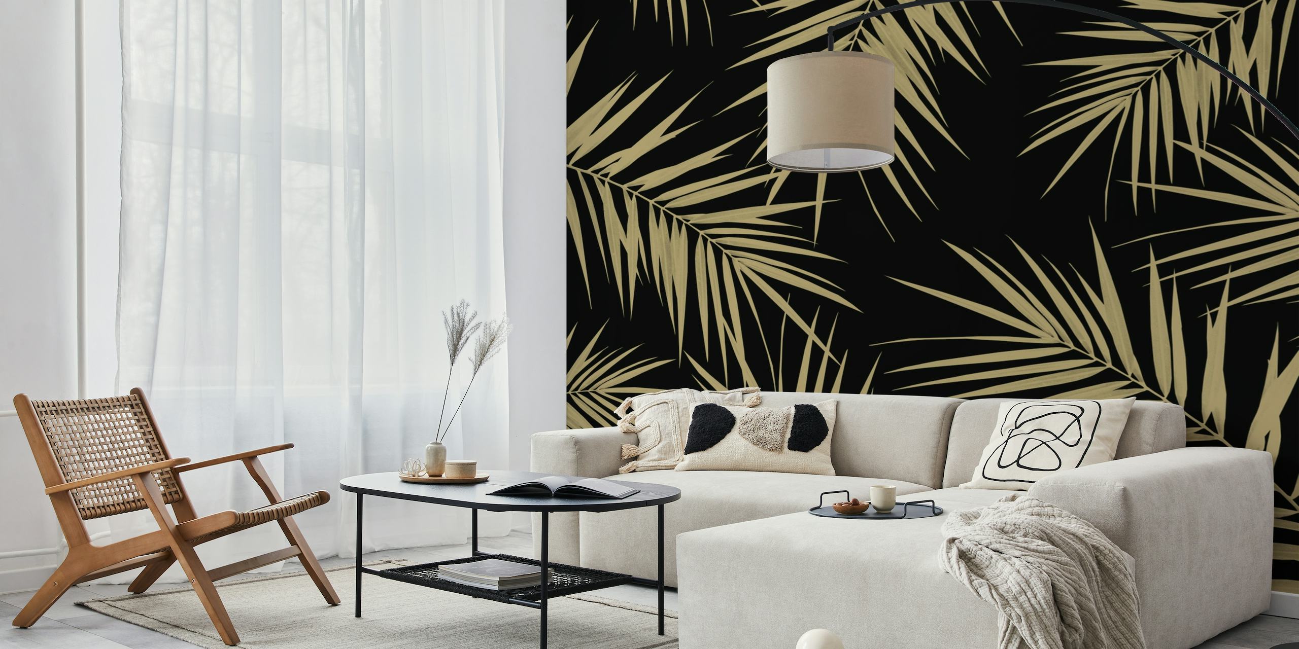 Golden palm leaves pattern on black background wall mural