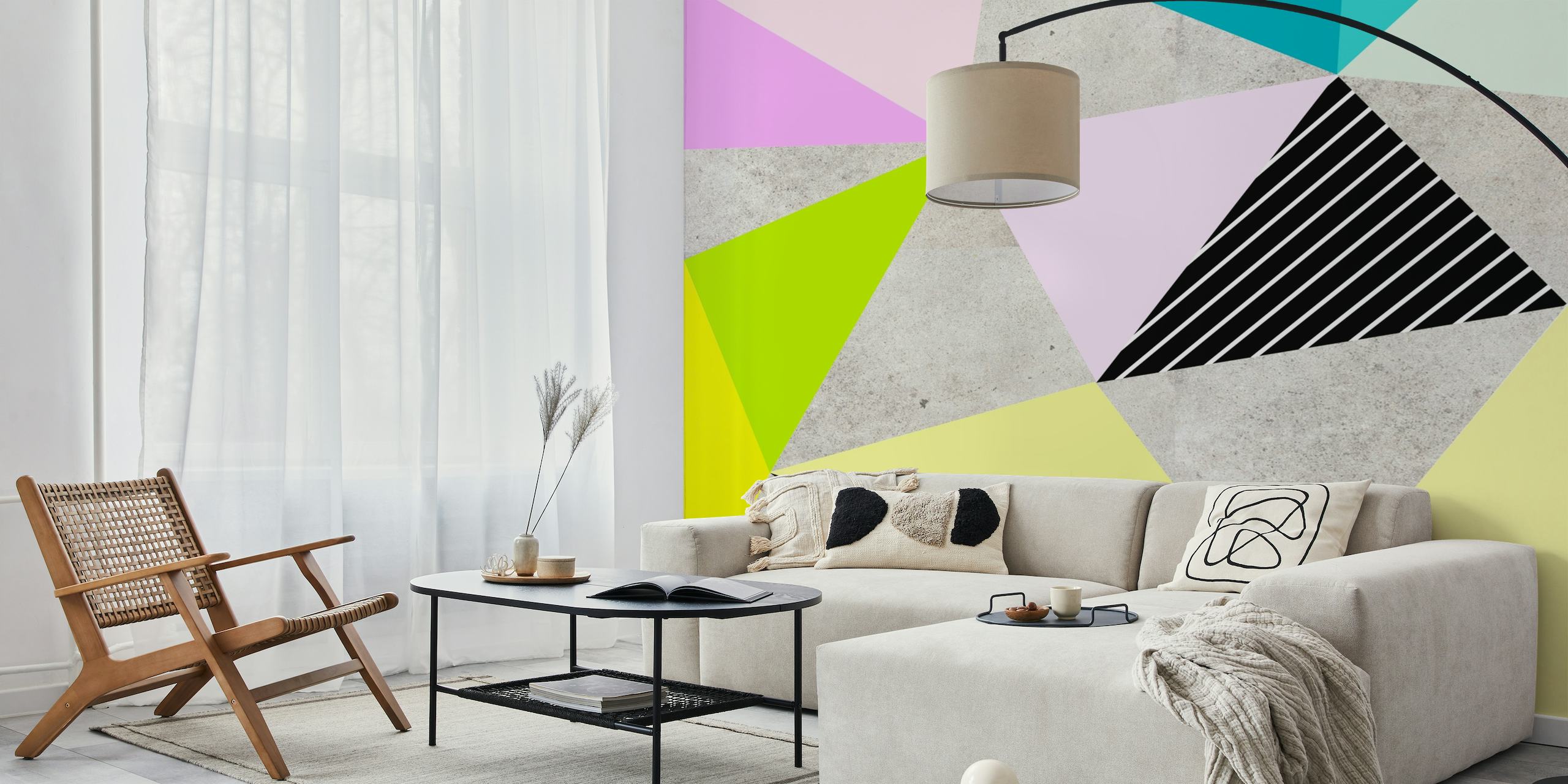 Papel de parede colorido de formas geométricas com tons pastel e padrões pontilhados