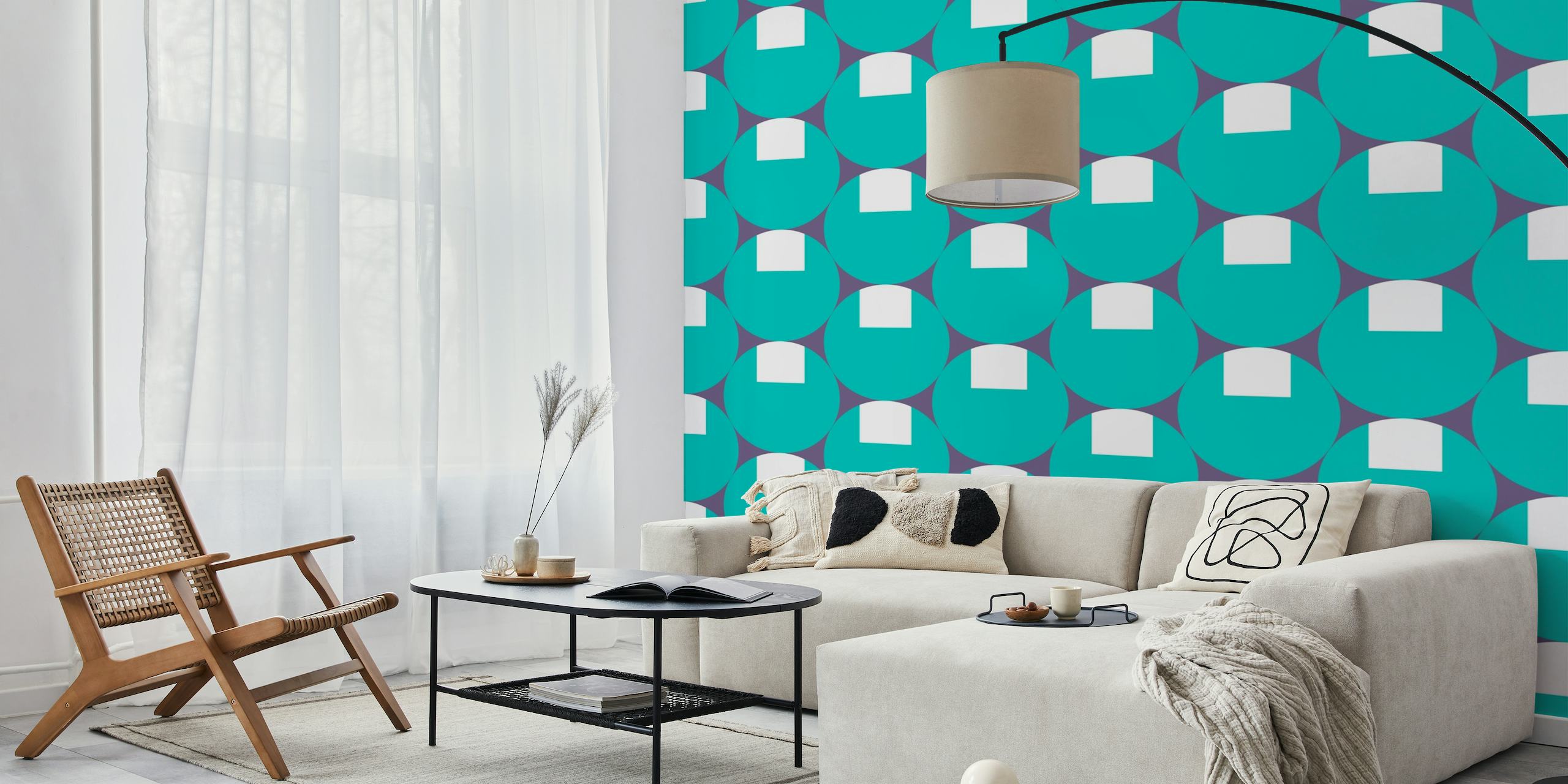 Cyan and white geometric grid pattern wall mural in a retro mod design