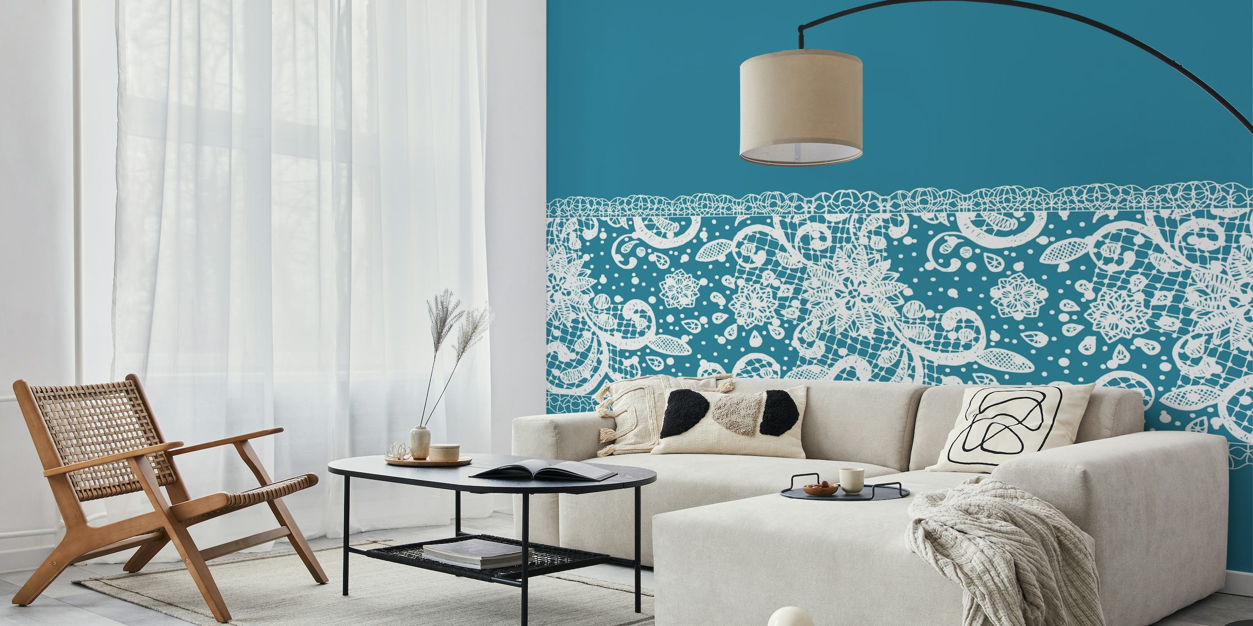 Teal Blue White Lace Classic behang