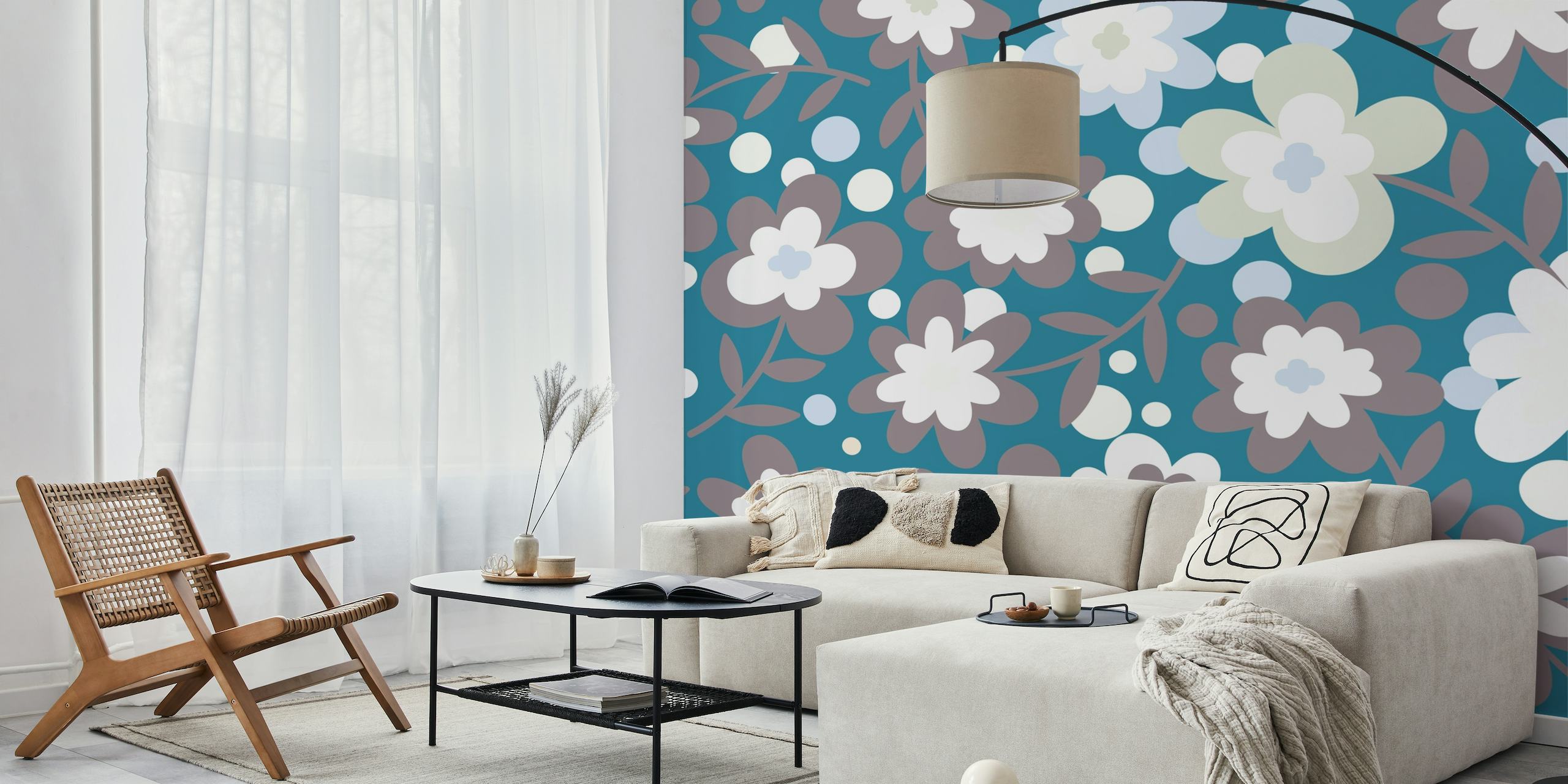 Fotomural vinílico de parede elegante com padrão floral branco, azul-petróleo e cinza