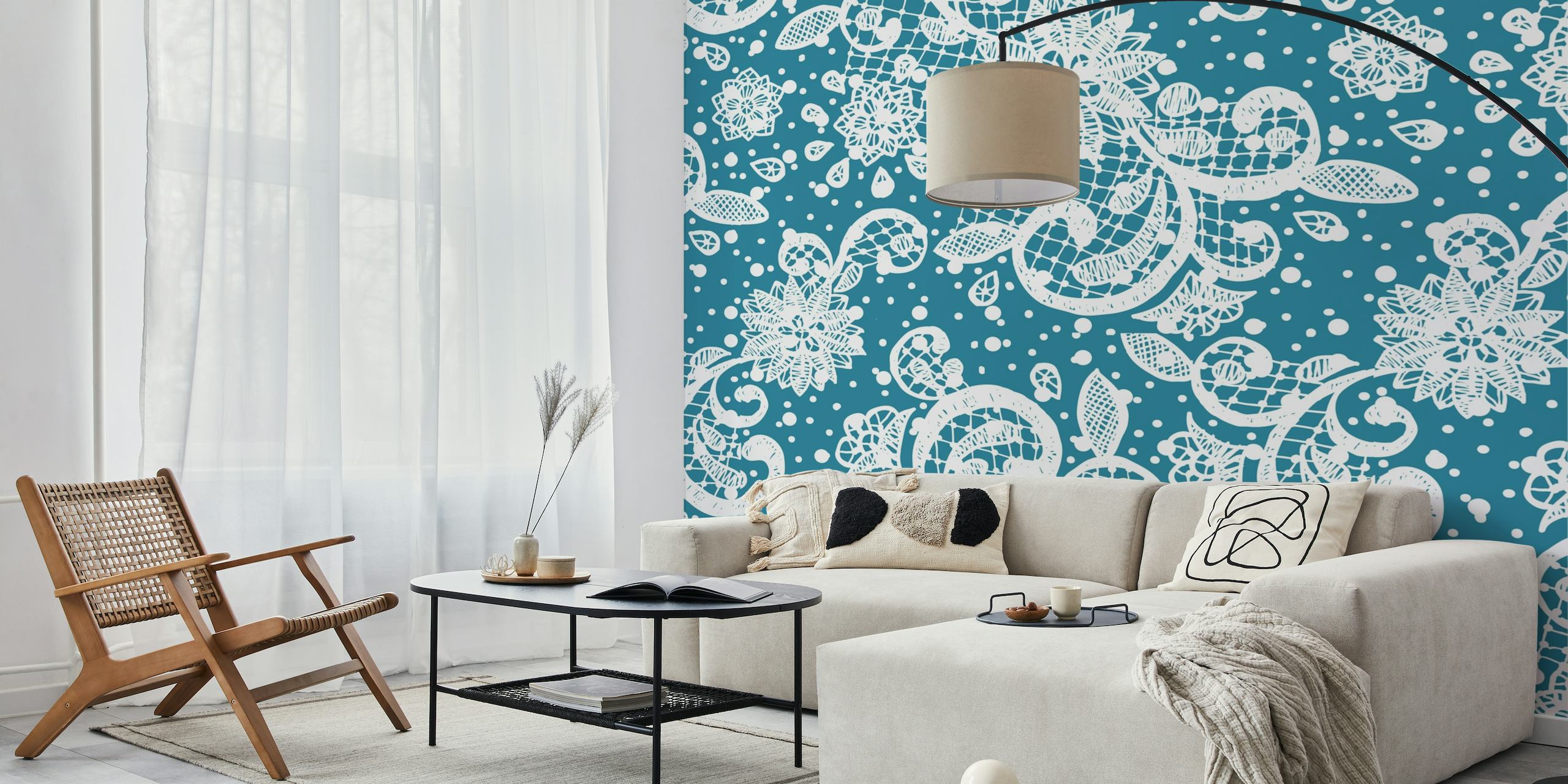 White Lace Classic Ornament wall mural featuring delicate white patterns on a blue background.