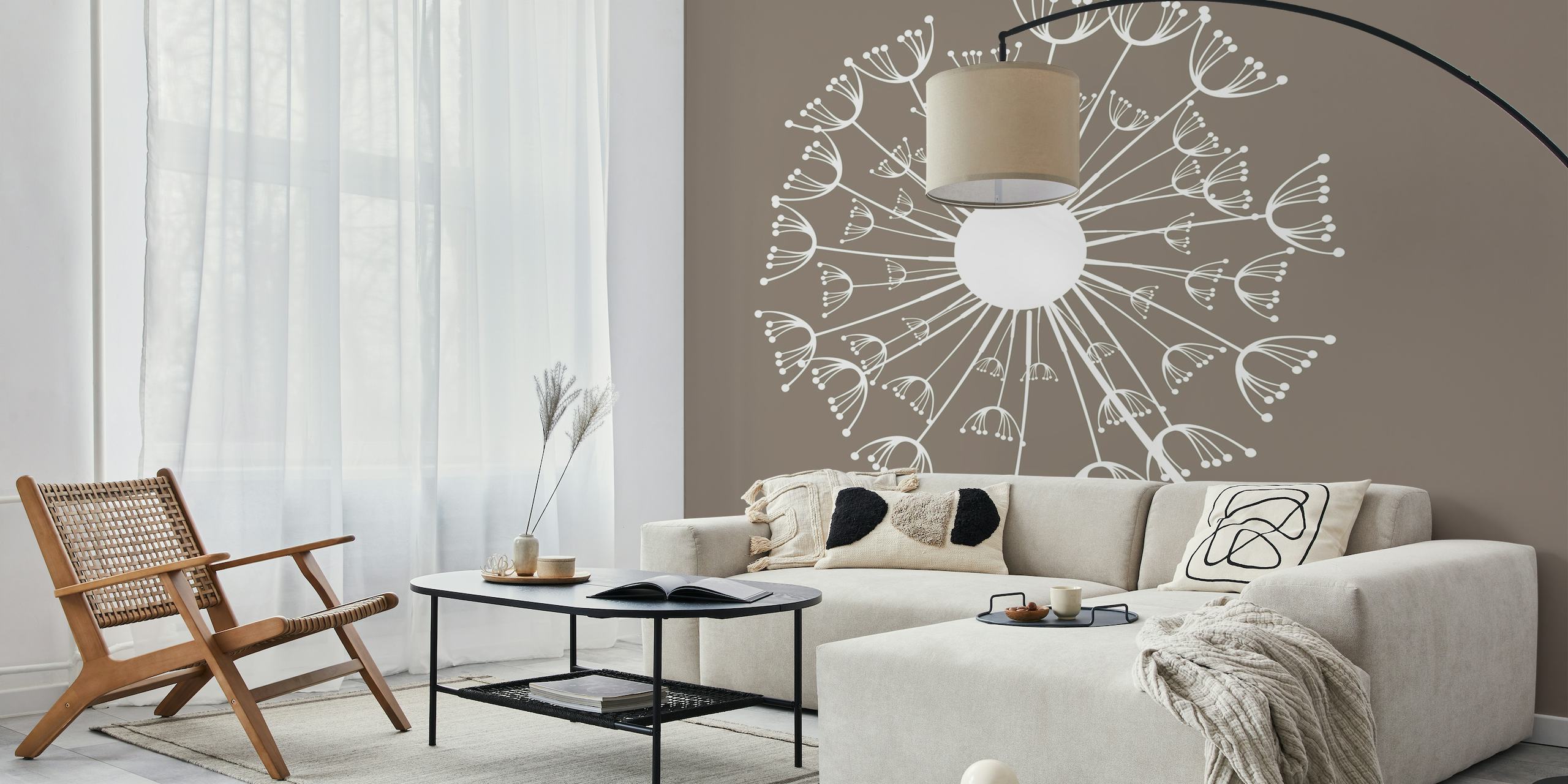 Taupe and latte dandelion silhouette on a muted background wall mural