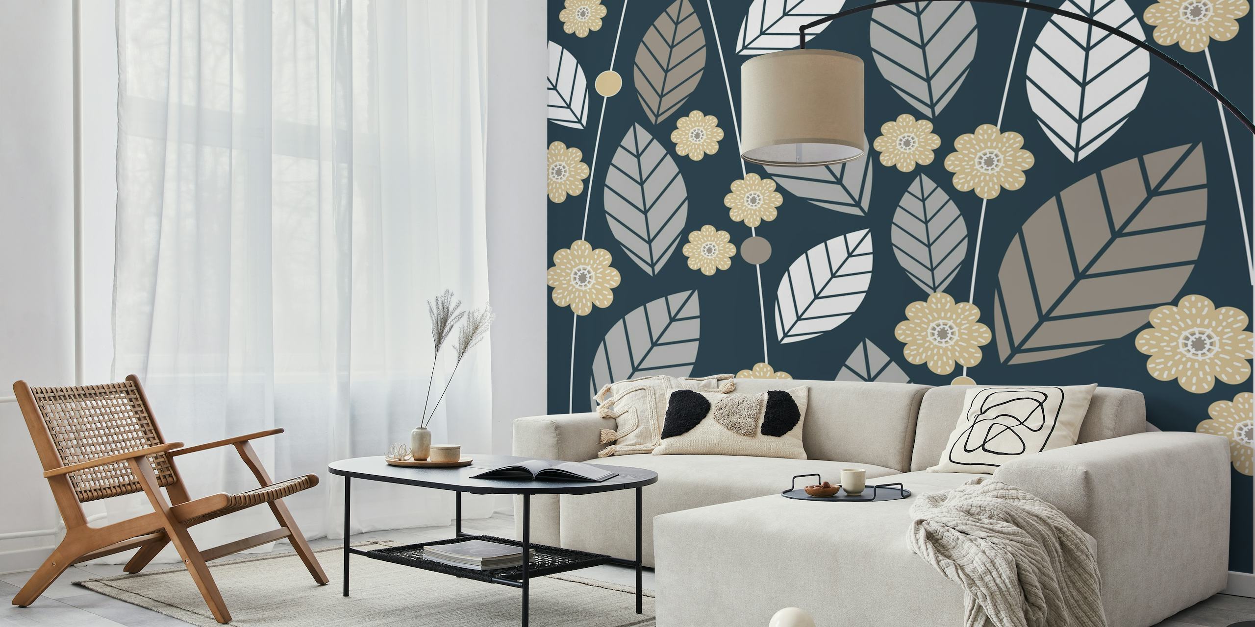 Scandi Earth Tones Leaf Flower Wall Mural with blue background and natural patterns