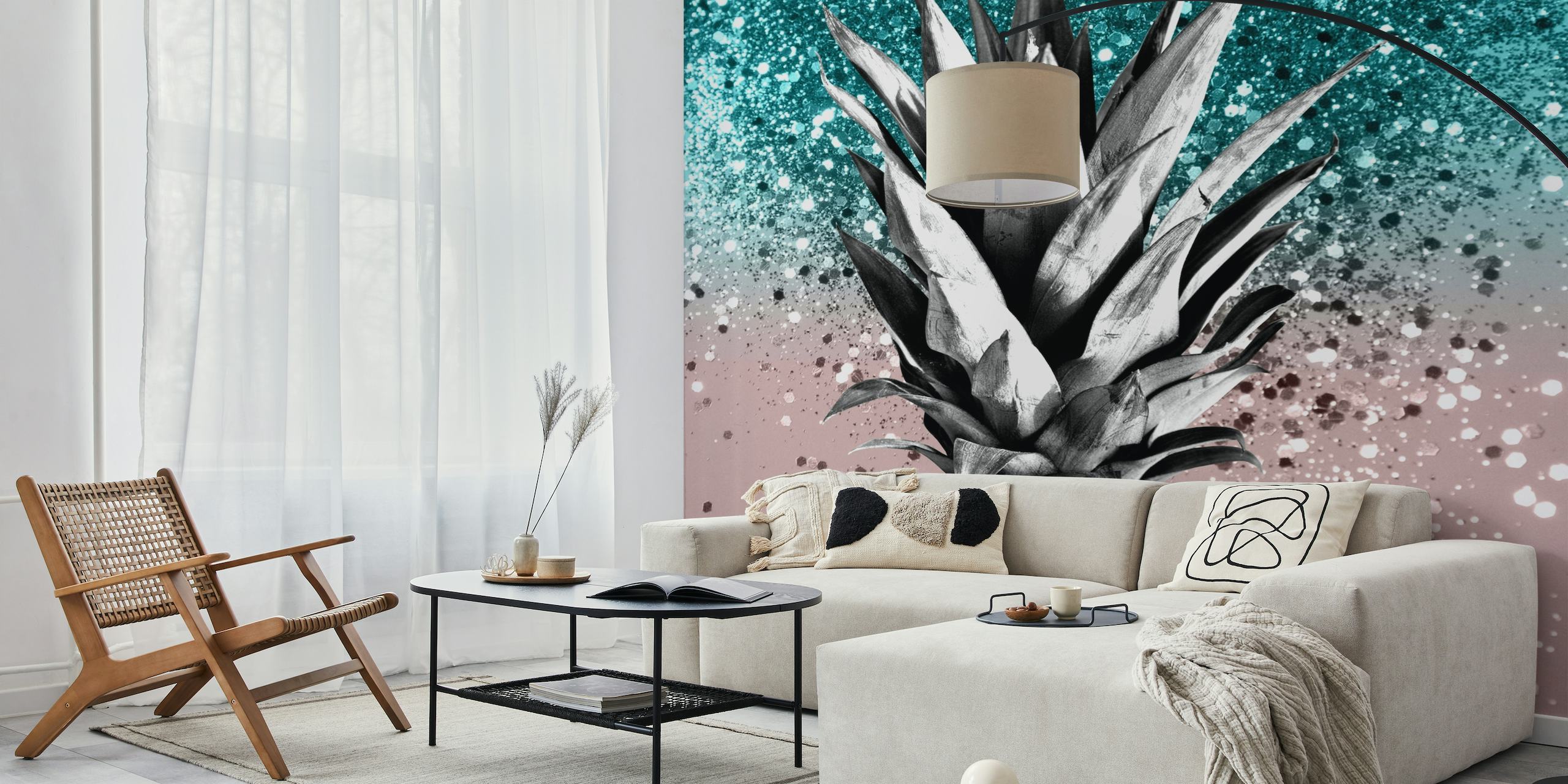 Stiliseret ananas på glitrende turkis og glitter baggrund til vægmaleri
