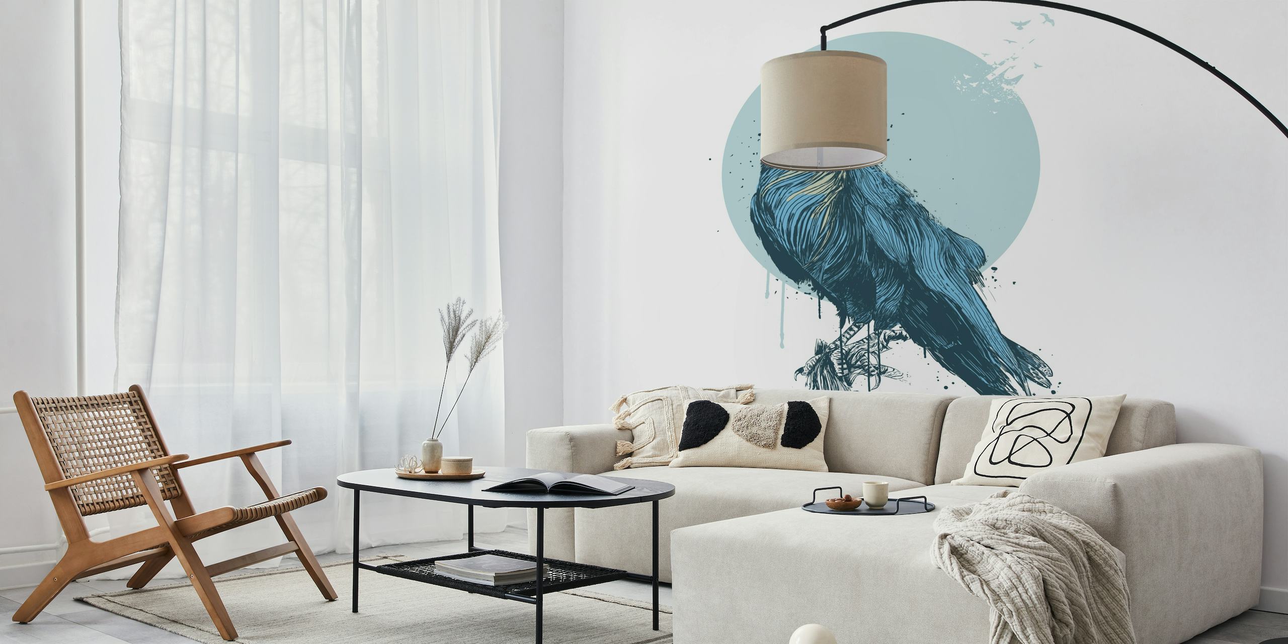 Fototapete mit blauer Krähe und abstraktem Design auf minimalistischem Hintergrund