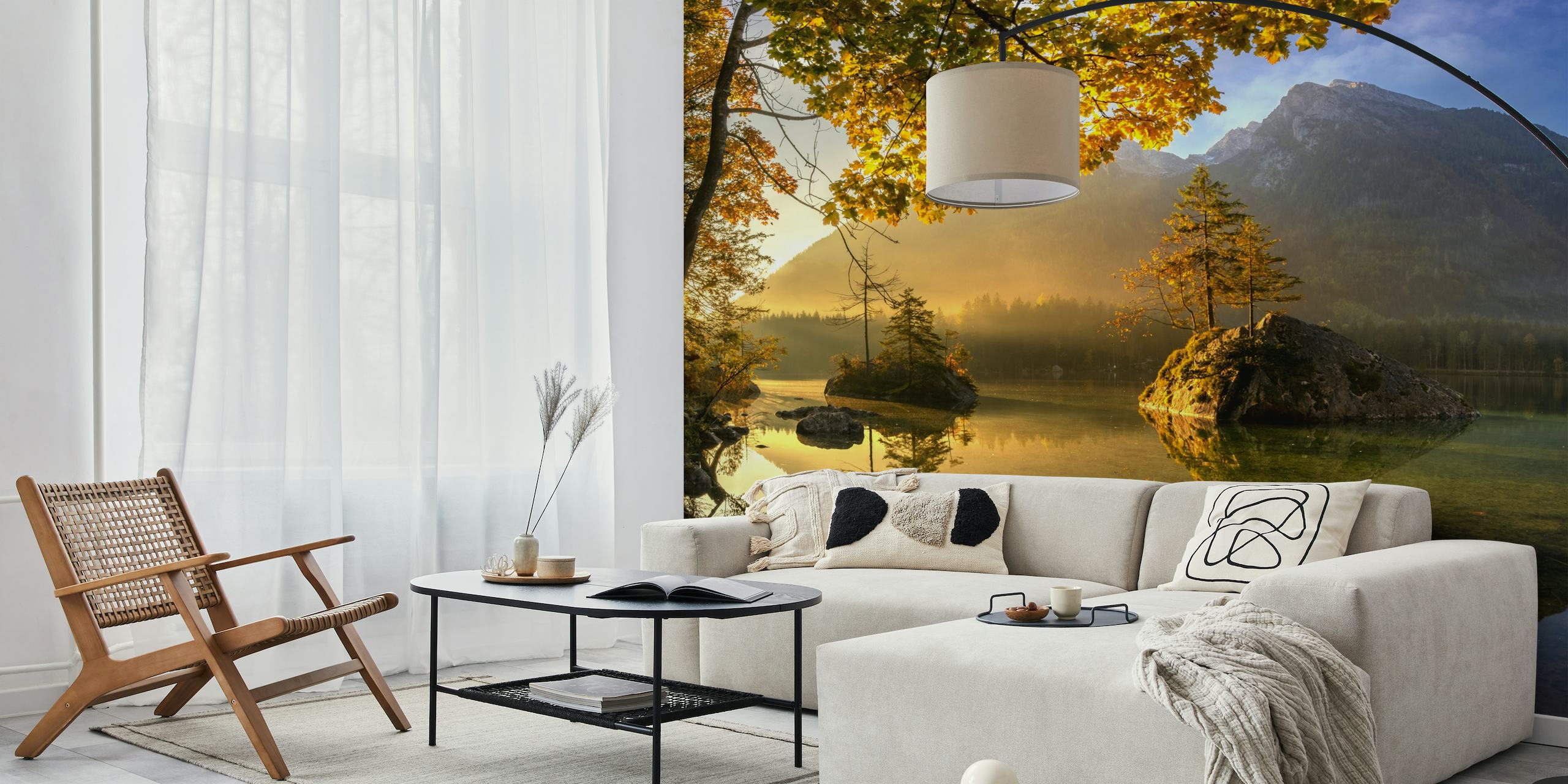 Lake Hintersee wall mural with autumn trees and mountain reflection