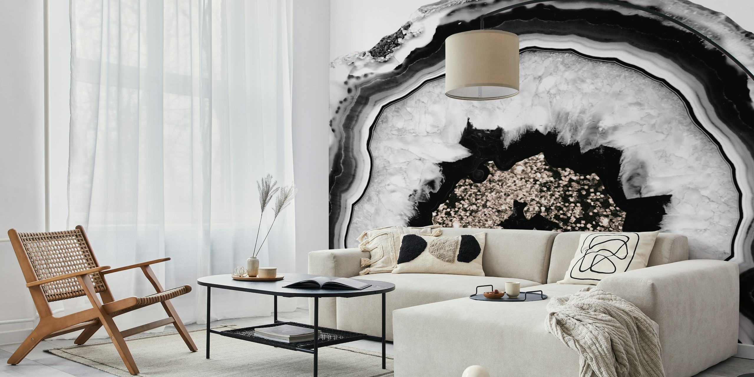 Gray and white agate wall mural with rose gold glitter details.