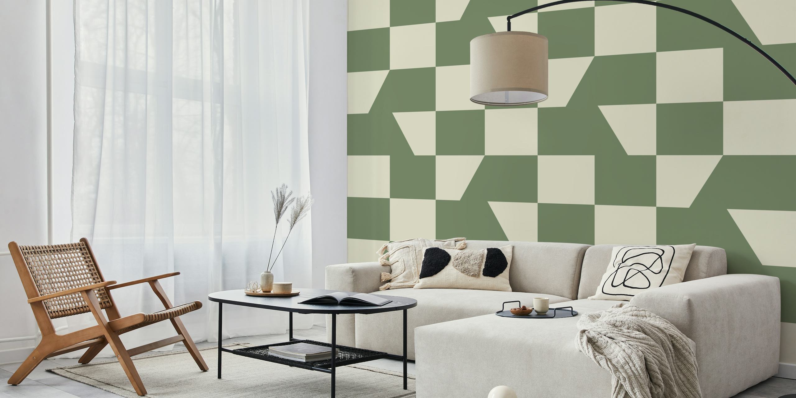 Neutral-toned checkerboard pattern wall mural for modern interiors