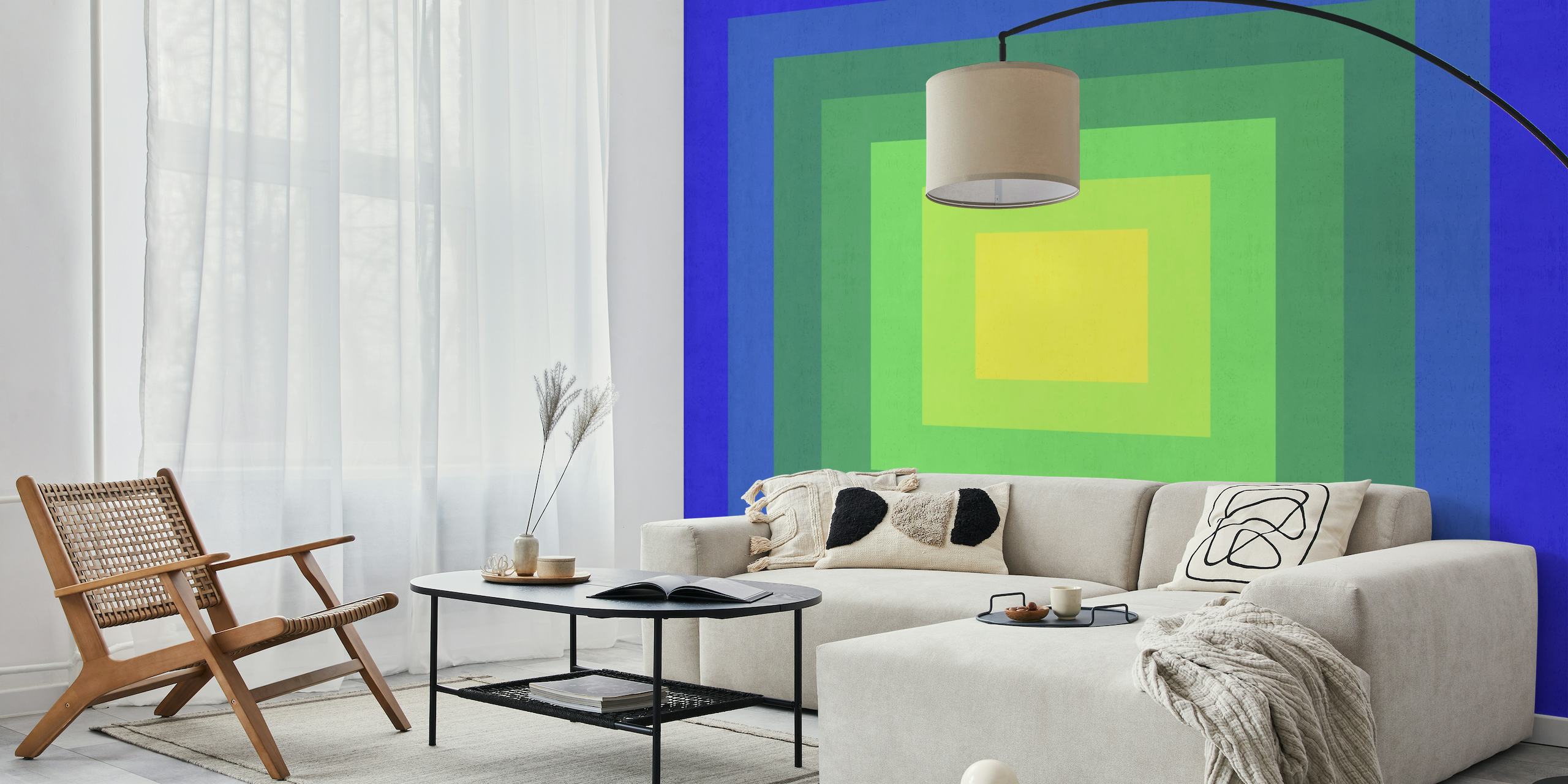 Vægmaleri af et abstrakt gradient tunneldesign med firkanter i blå til gule nuancer.