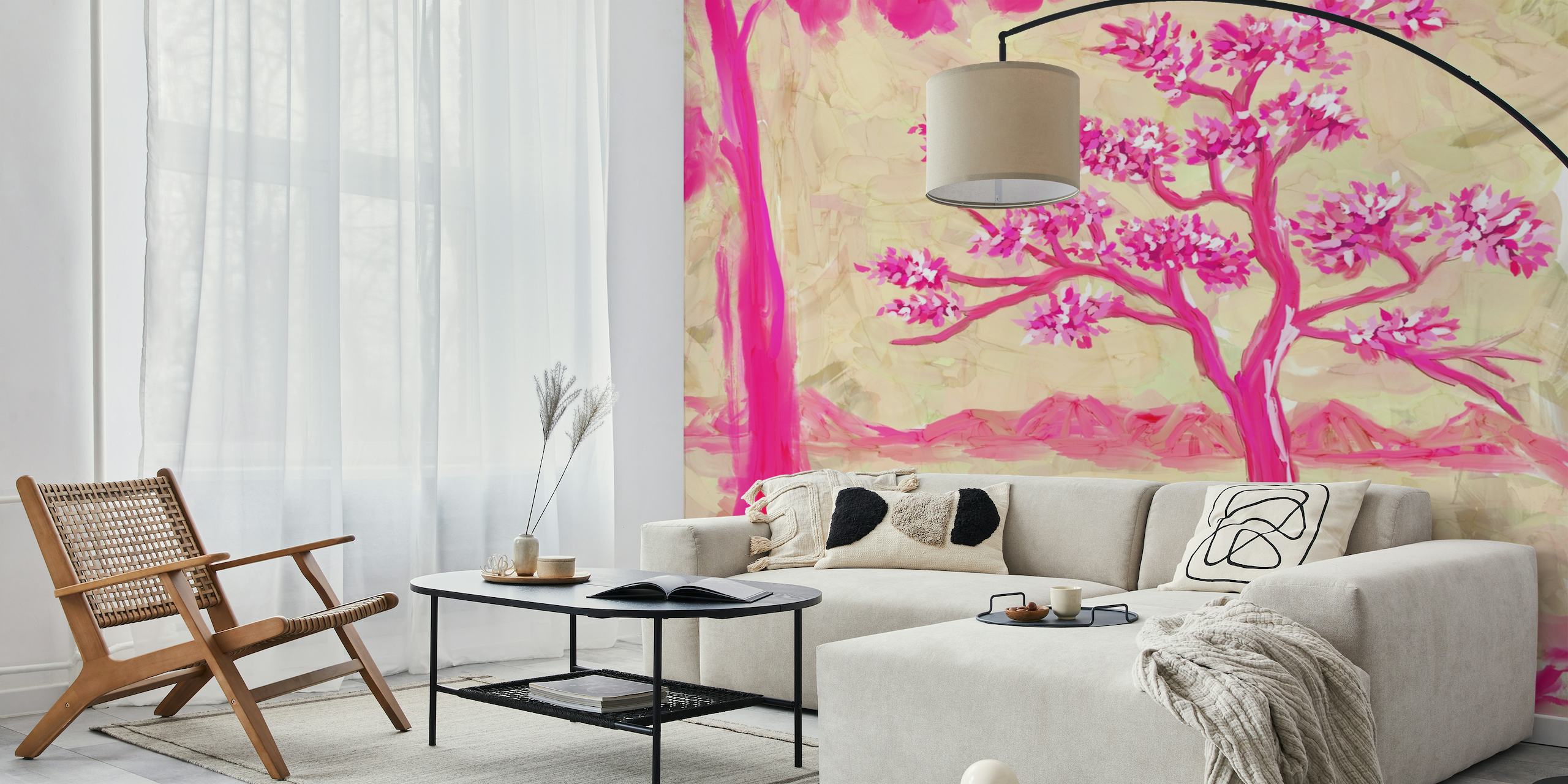 The Pink Tree wall mural with stylized vibrant pink tree on a mottled background