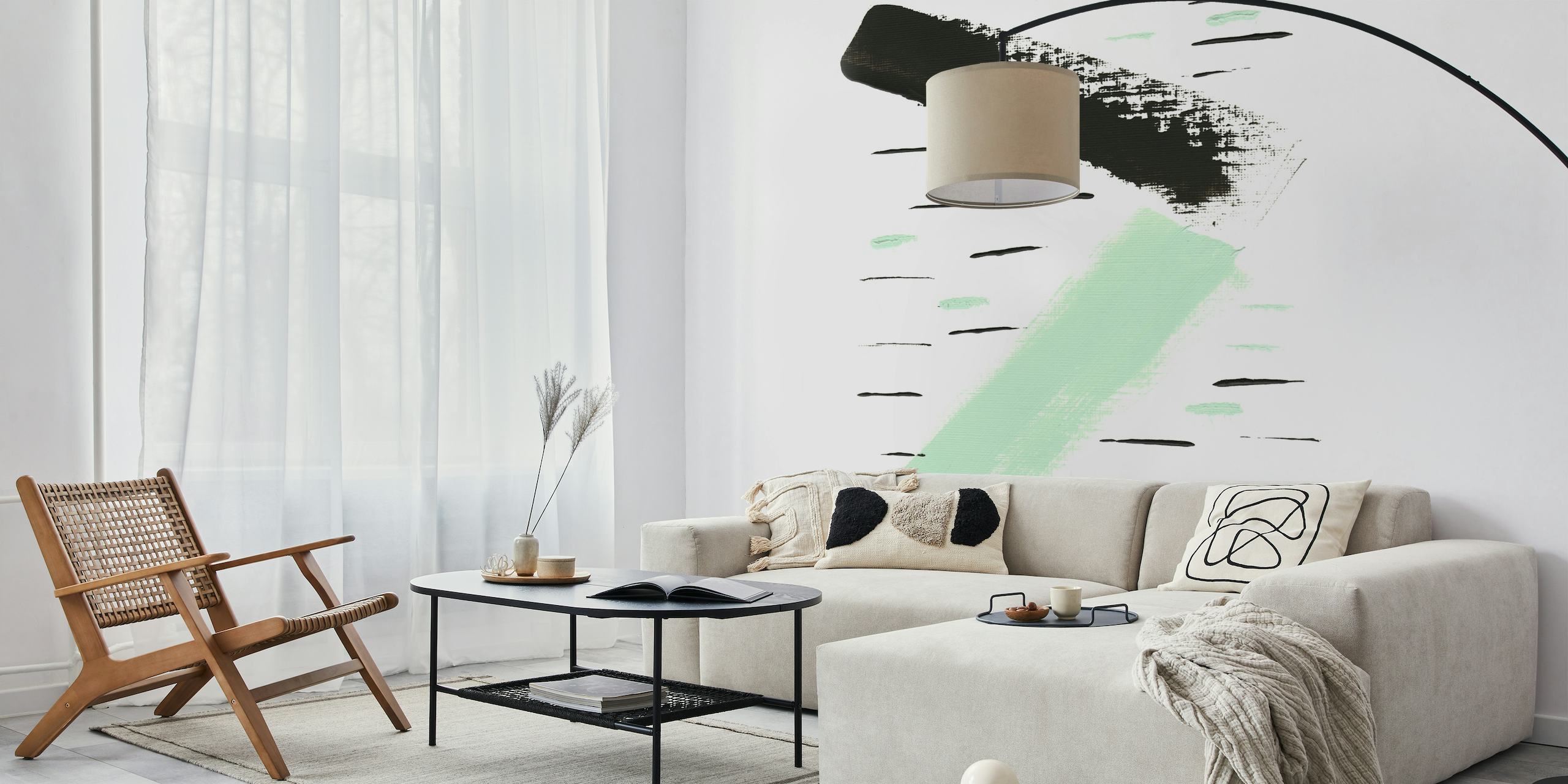 Abstract minimalistic wall mural with black strokes on mint background