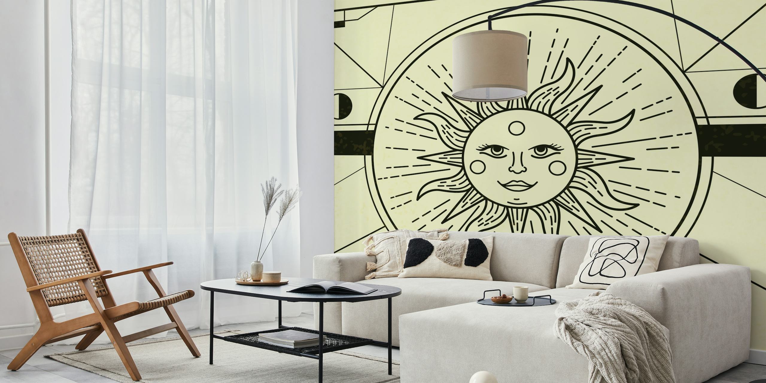 Papier peint mural Art Déco Soleil avec visage de soleil doré et motifs géométriques