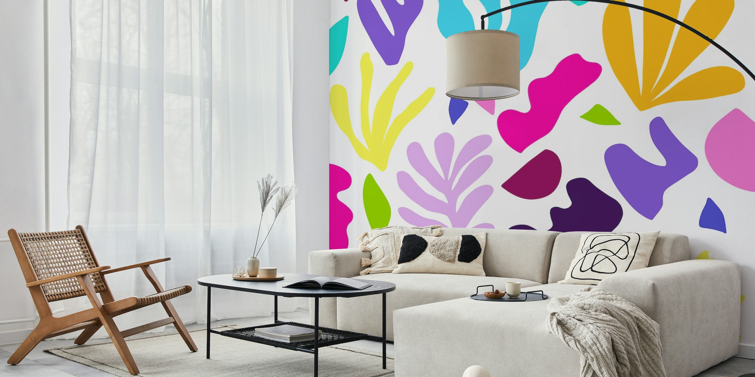Design de mural de parede com ervas marinhas abstratas coloridas e formas geométricas
