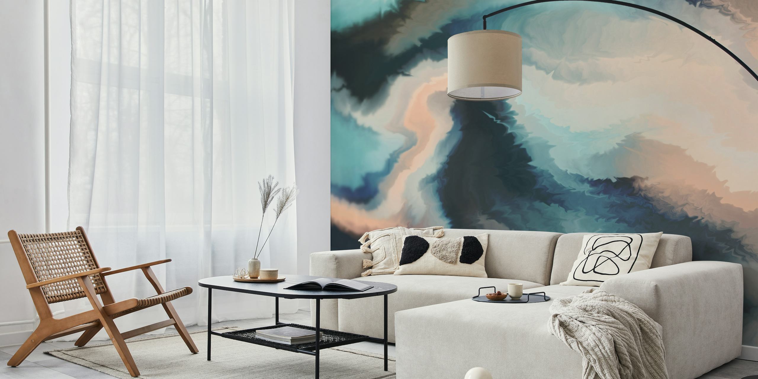 Abstract ocean waves wall mural in shades of blue and turquoise, evoking a serene sea ambiance
