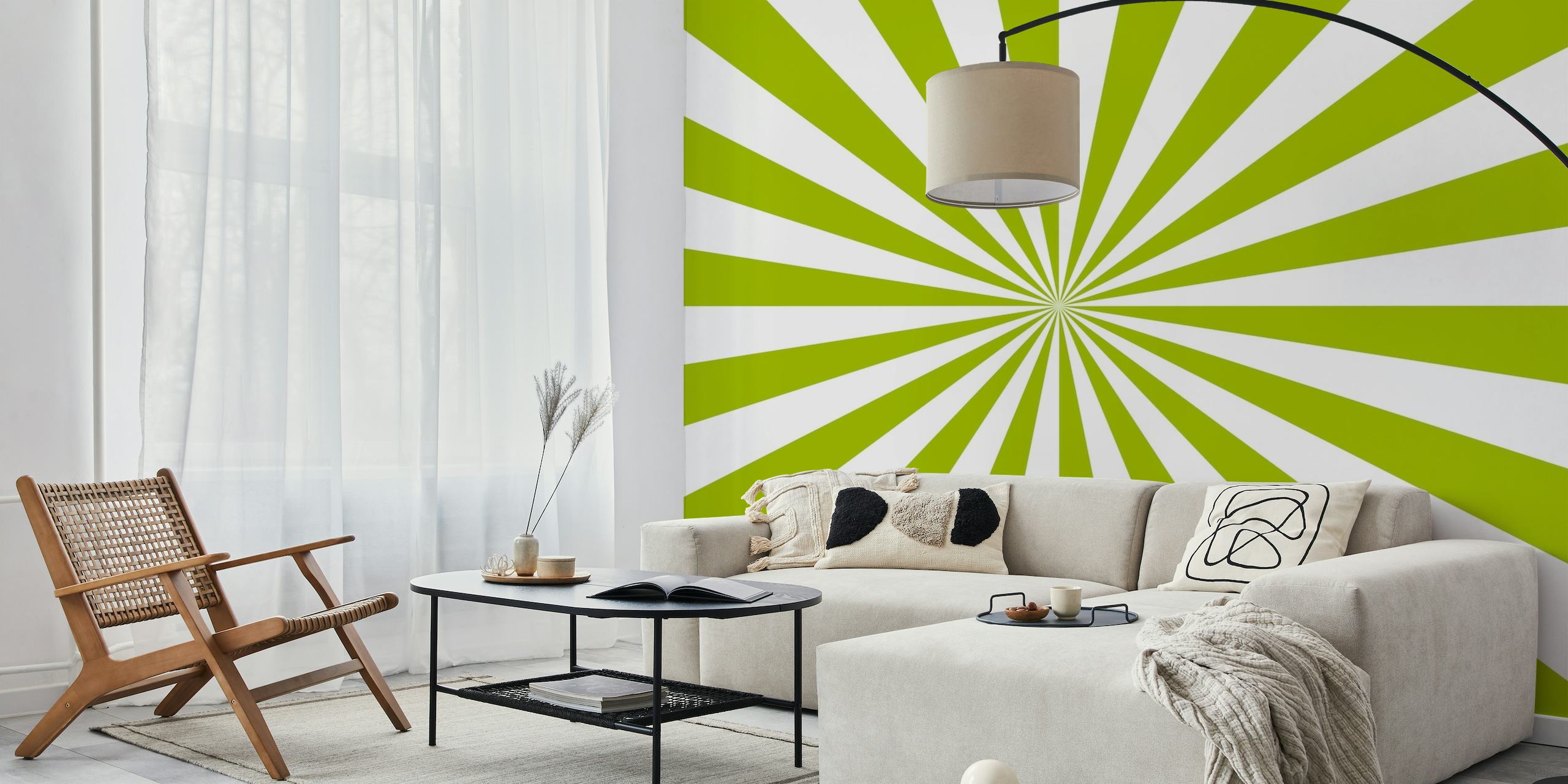 Green and white retro radiating pattern wall mural