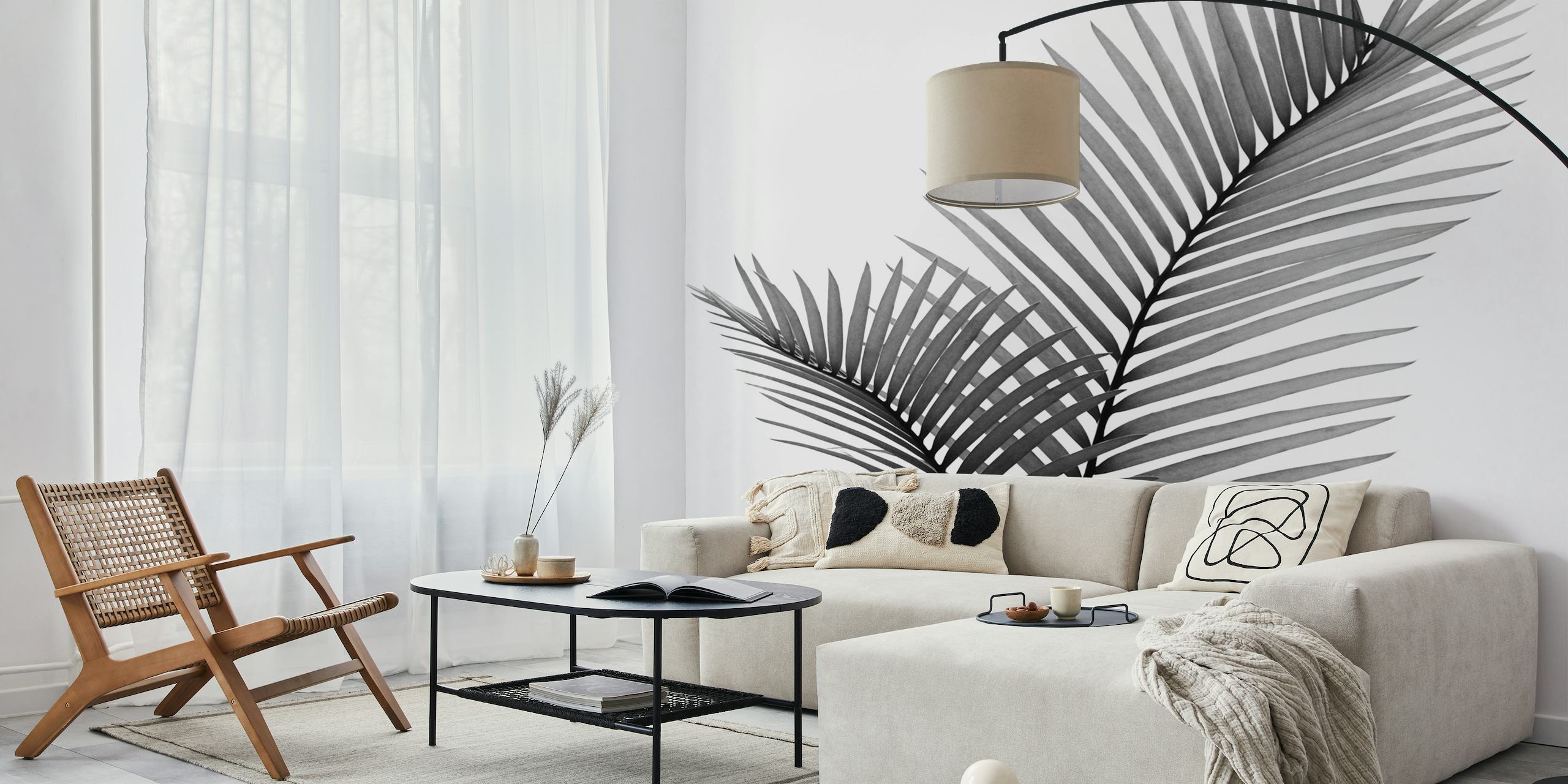 Desenho de fotomural vinílico monocromático de folhas de palmeira entrelaçadas