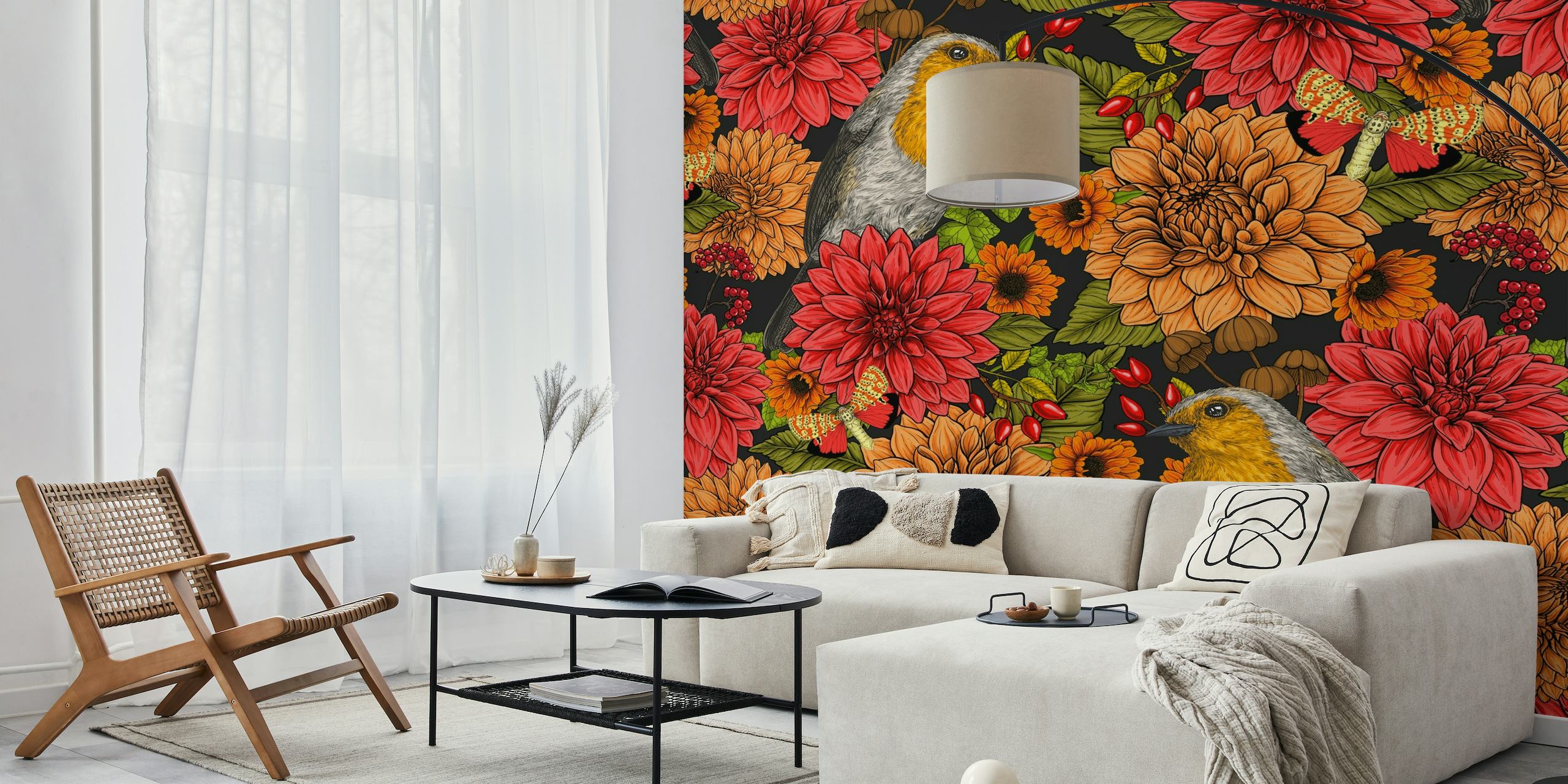 Een fotobehang met roodborstjes en kleurrijke bloemen op een donkere achtergrond, waardoor een levendig tuintafereel ontstaat.
