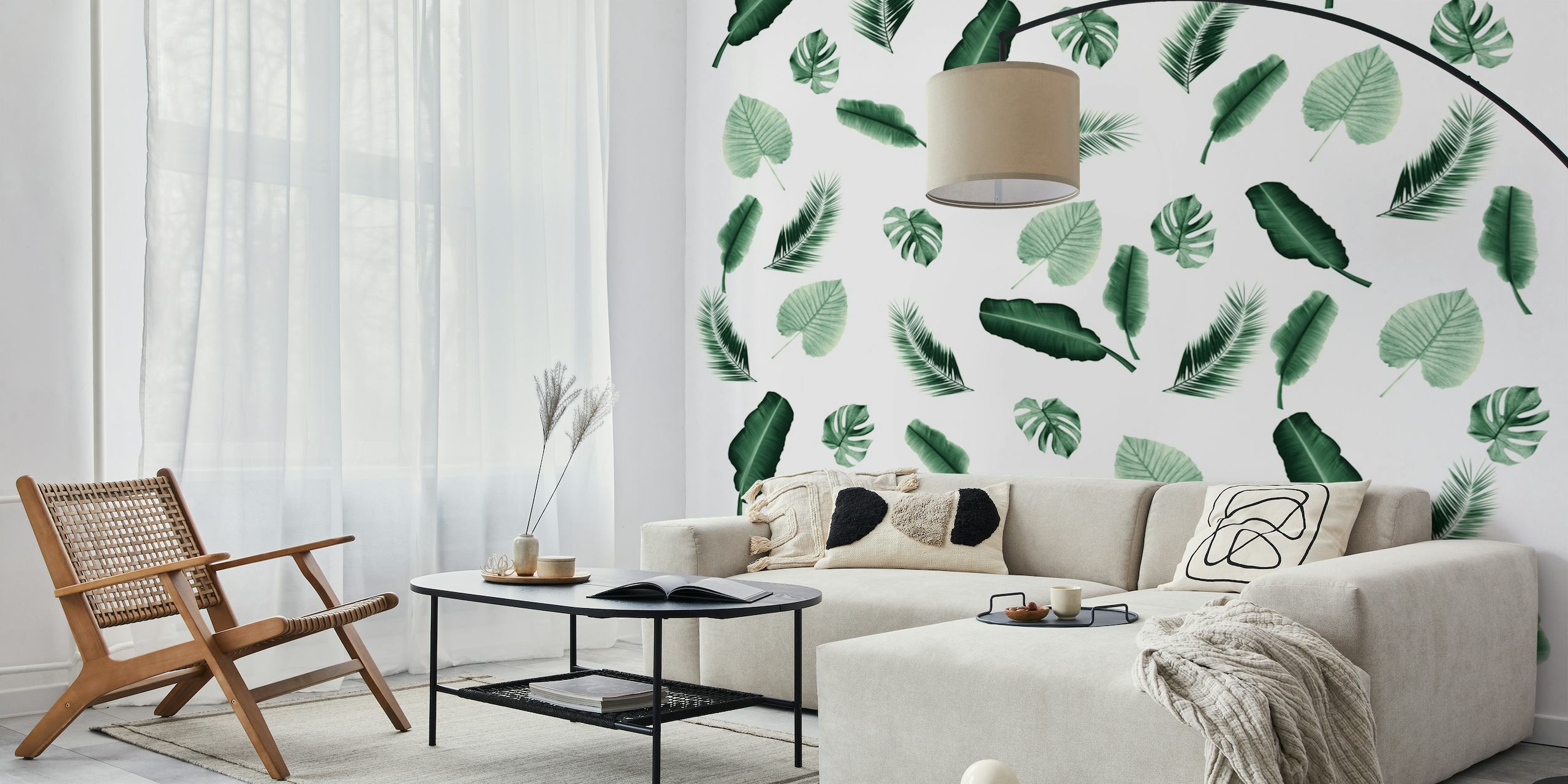 Geassorteerde muurschildering met tropisch junglebladerenpatroon