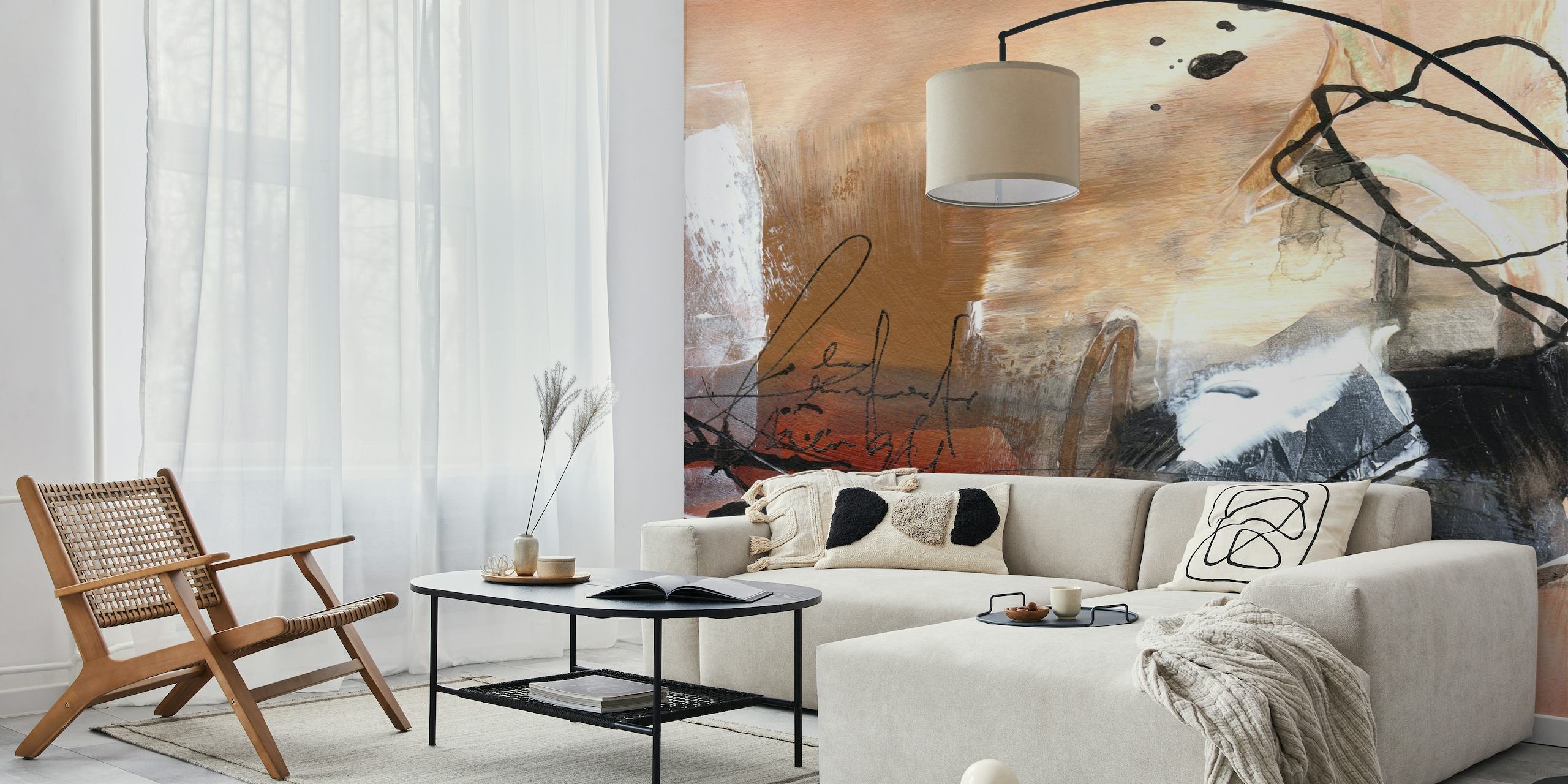 Abstract Thinking II wall mural with warm browns, creamy whites, and black strokes