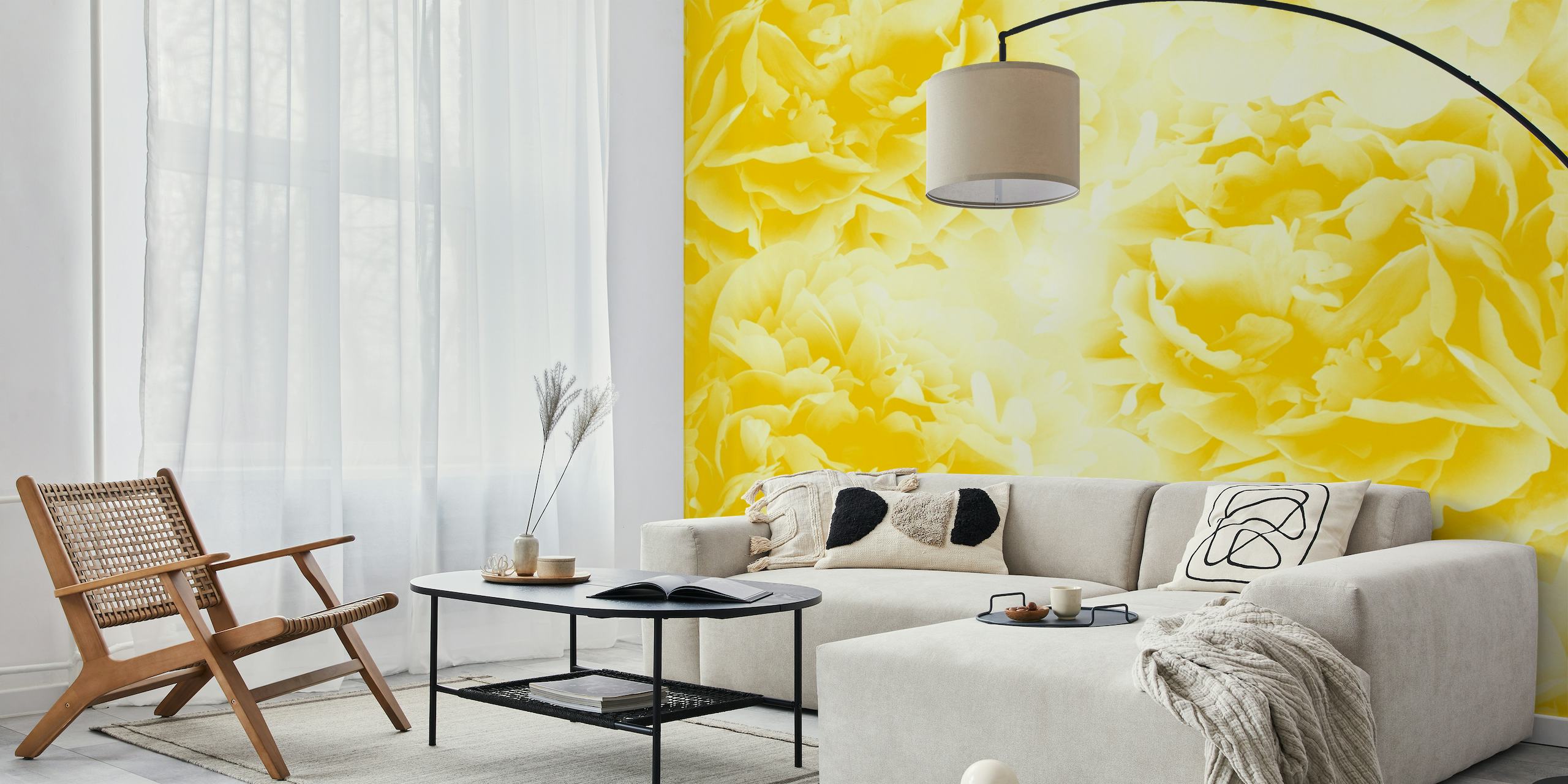 Bright yellow peonies wallpaper design for home decor.